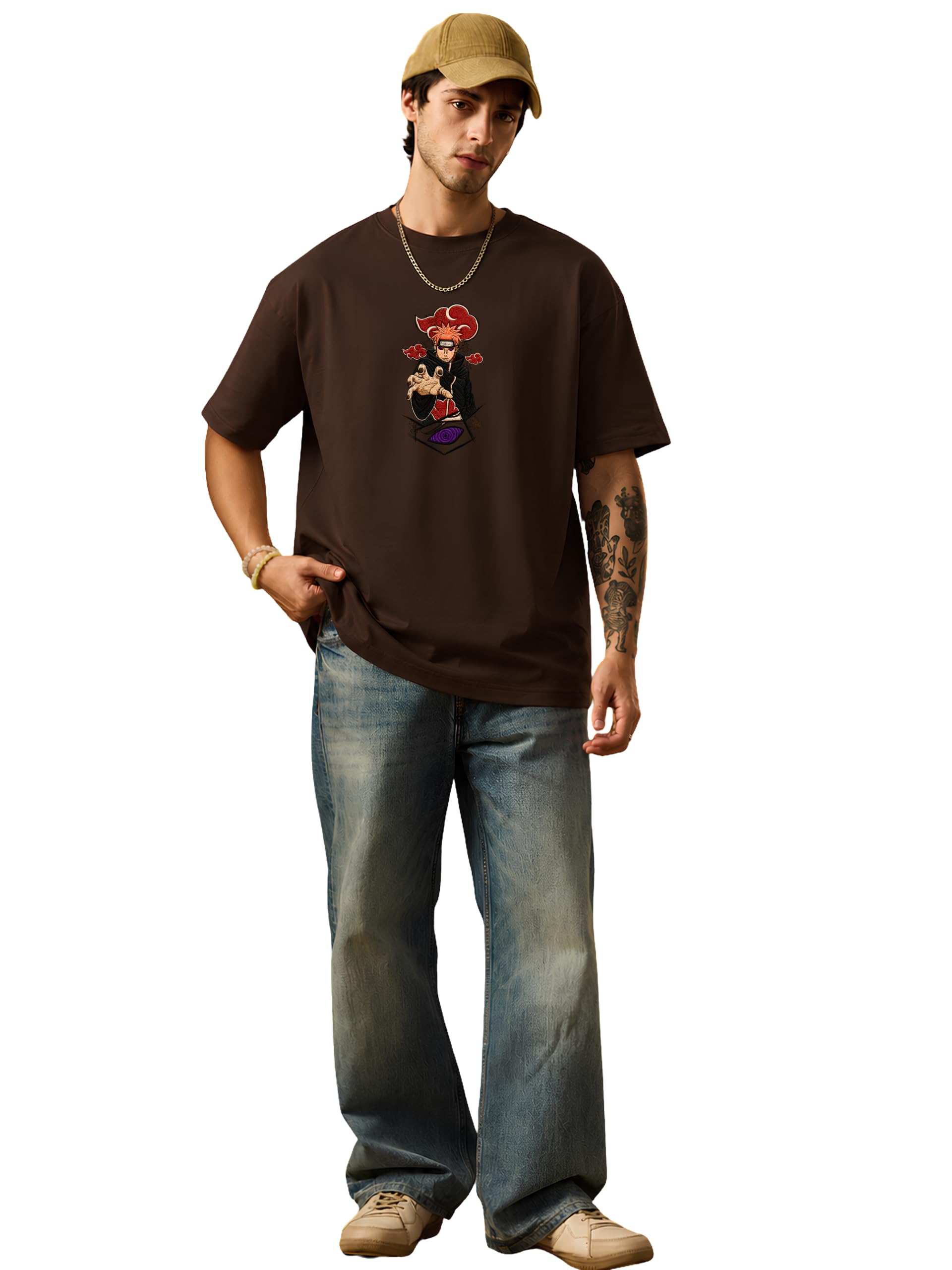 wölfin Men's & Women's Oversized Anime Printed T-Shirt | Naruto Team 7 Graphic Back Print | Premium 220 GSM Bio-Washed Heavy Cotton Drop Shoulder Tee Brown-picture-35