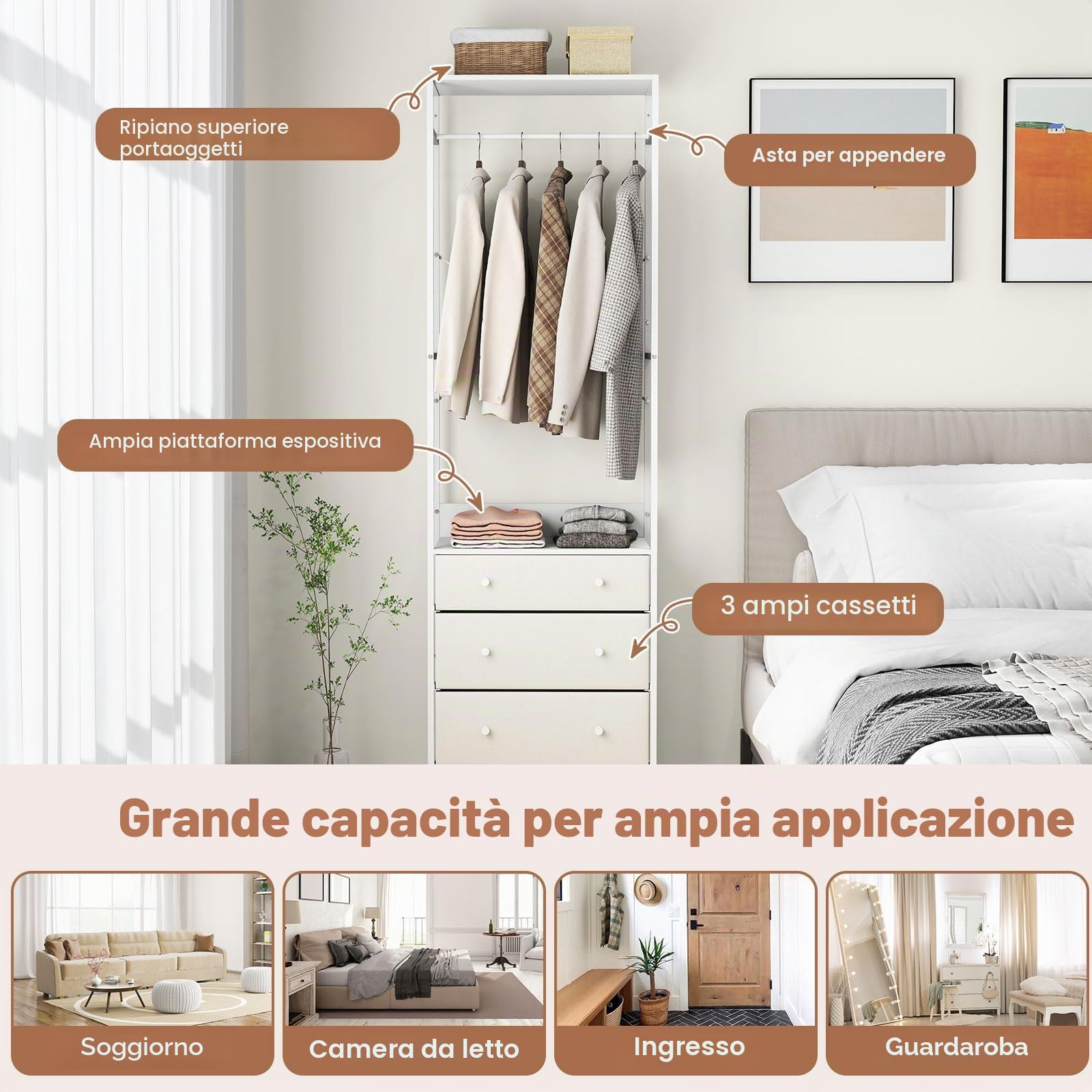 GIANTEX Appendiabiti Autoportante con 3 Cassetti e Barra Appendiabiti in Metallo, Dimensioni 55 x 28 x 176 cm, Mobile Multiuso per Camera da Letto, Soggiorno e Corridoio (Bianco)
