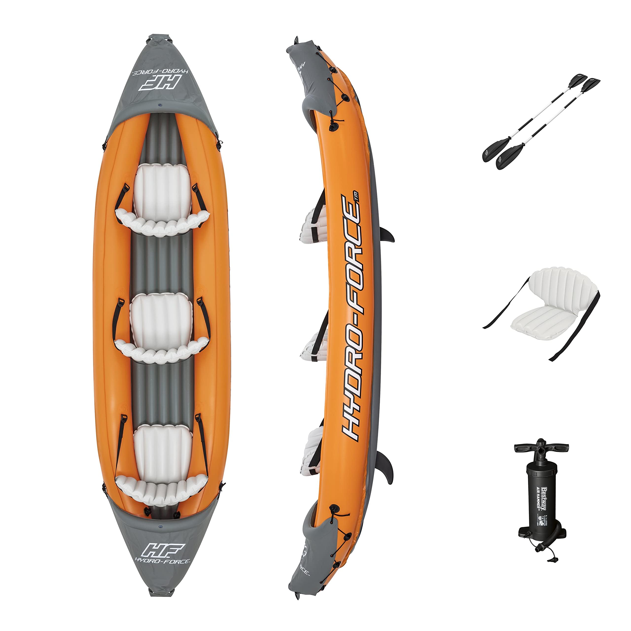 Bestway | Hydro-Force Rapid X3 Kayak| Inflatable Boat Set with Hand Pump, Paddles, Seats, Fins and Storage Bag | Three Seater