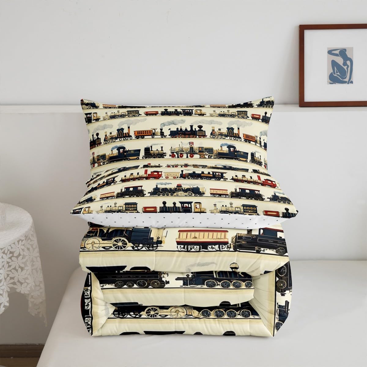 Feelyou Kids Vintage Train Comforter Set Toddler Retro Steam Engine Bedding Set Boys Girls Retro Steam Locomotive Train Quilt Set Retro Vintage Vehicle Train Bed Set