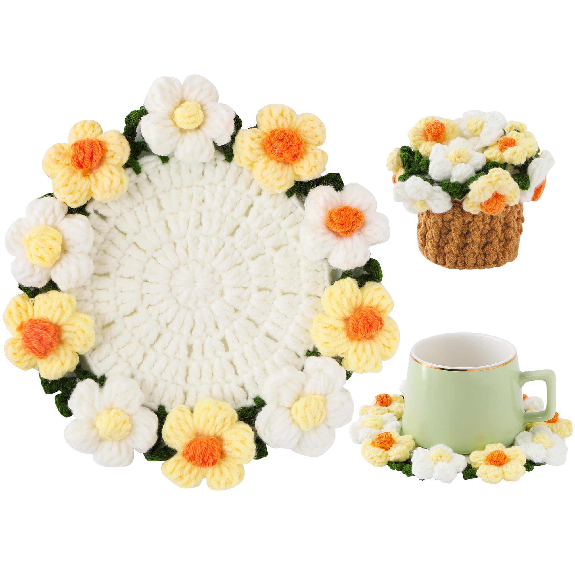 Litvana Flower Crochet Coasters, Handmade Bouquet Blanket Coaster with Crochet Plant Pot Fun Soft Decorative Drink Coasters for Coffee Tabletop Protection and Home Decor (Light Yellow)