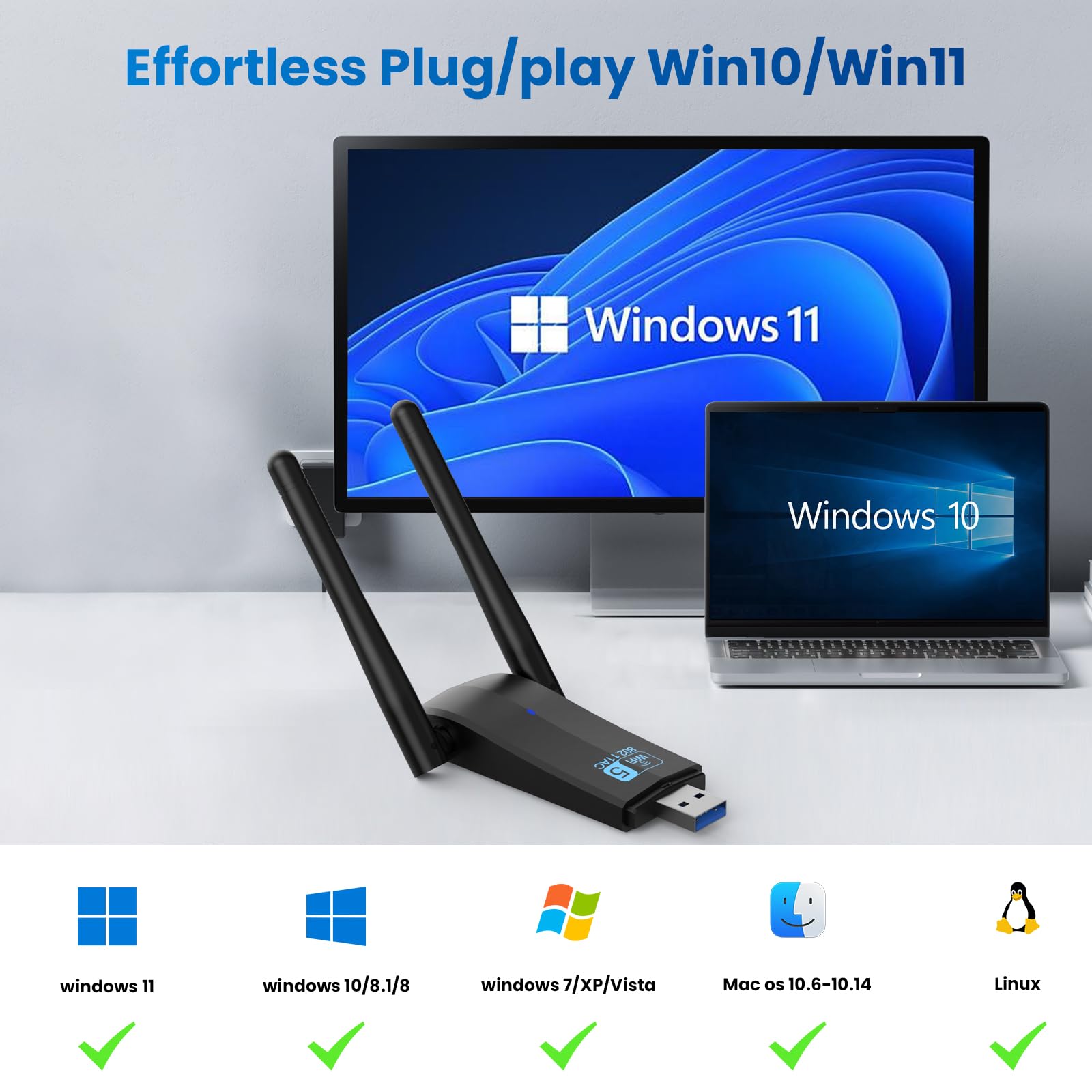 Adaptador WiFi para PC de escritorio, adaptador de red inalámbrico USB 3.0, antenas duales 5Dbi de 1300 Mbps 5G/2.4G, adaptador WiFi para computadora de escritorio portátil, compatible con Windows