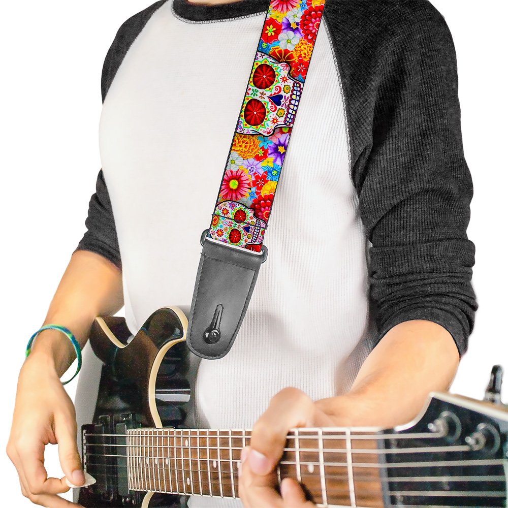Correa para guitarra con hebilla – Calavera de azúcar Starburst blanco/multicolor – 5 cm de ancho – 74 cm de longitud