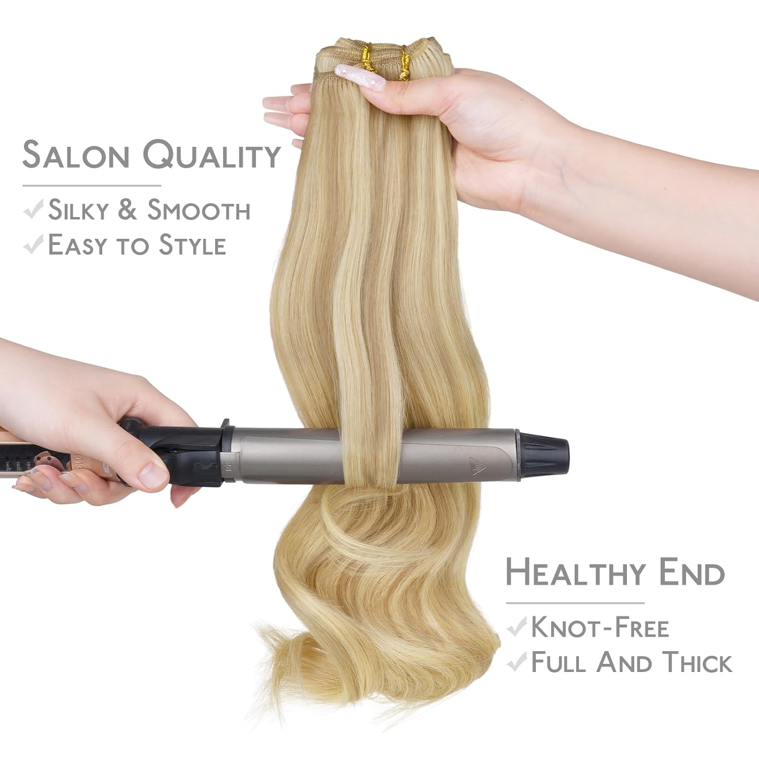 WENNALIFE Sew in Hair Extensions Real Human Hair, 18 Inch 120g Light Blonde Highlighted Golden Blonde Double Weft Hair Extensions Remy Hair Silky Straight Thick Hand Tied Sew in Extensions