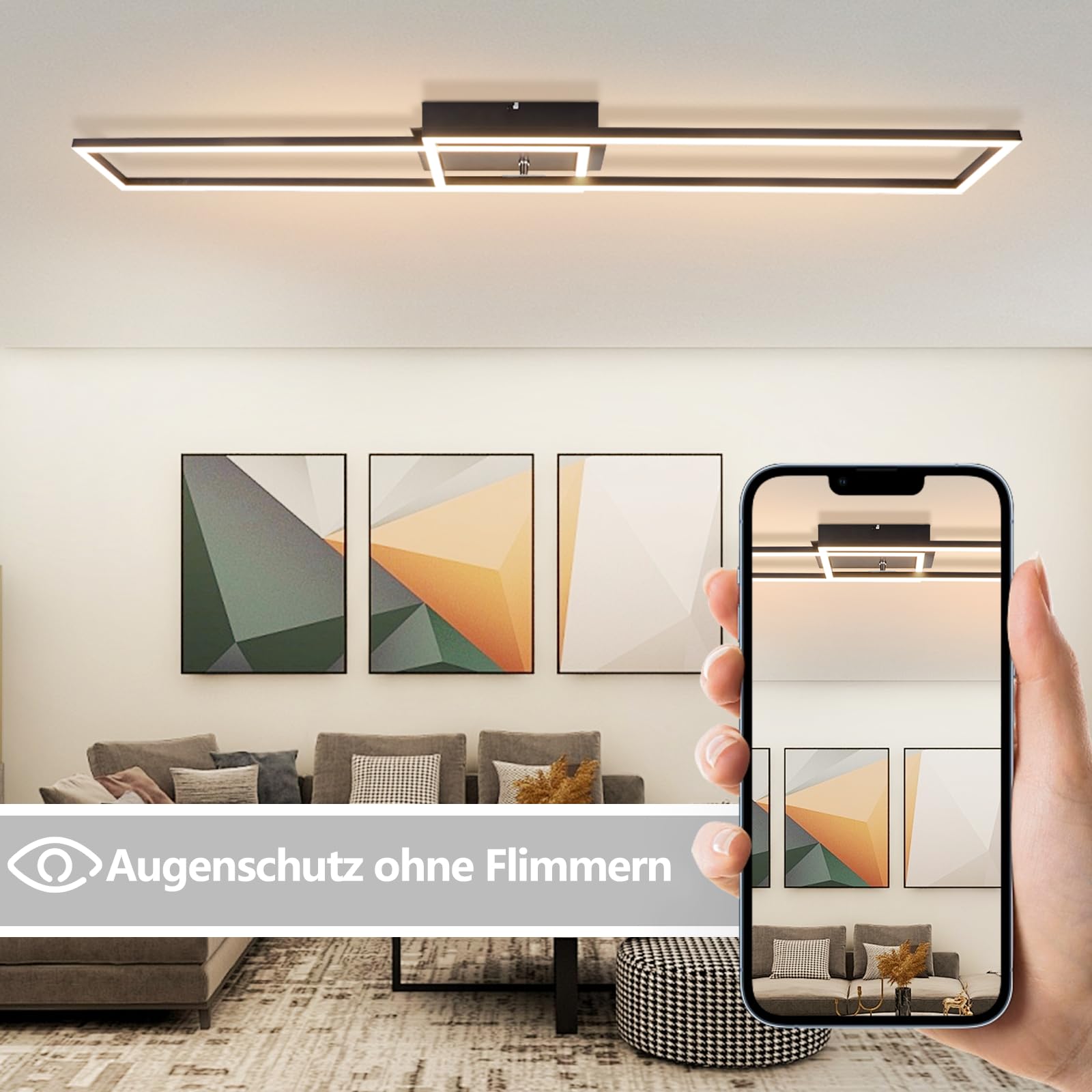 Homefire Deckenlampe Wohnzimmer LED Deckenleuchte: 36W Modern Küchenlampe | Stufenloses Dimmbar 3000K - 6500K Schwarz Wohnzimmerlampe mit Fernbedienung Deckenbeleuchtung für Küche Schlafzimmer