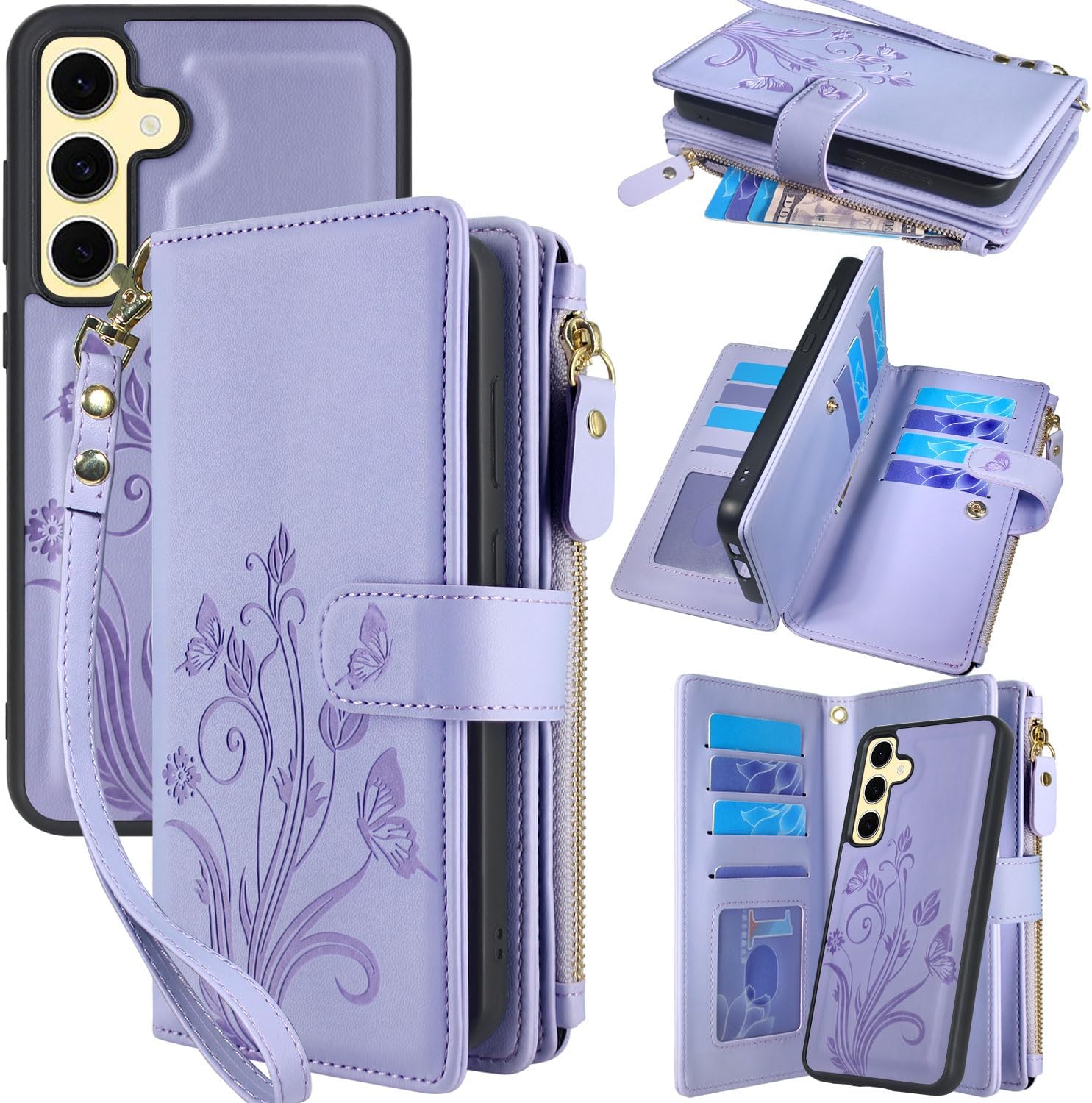 Lacass Case Wallet for Samsung Galaxy S24 FE S24FE 2024, [12 Card Slots] ID Credit Cash Holder Zipper Pocket Detachable Leather Wallet Cover with Wrist Strap Lanyard（Floral Wine Red）