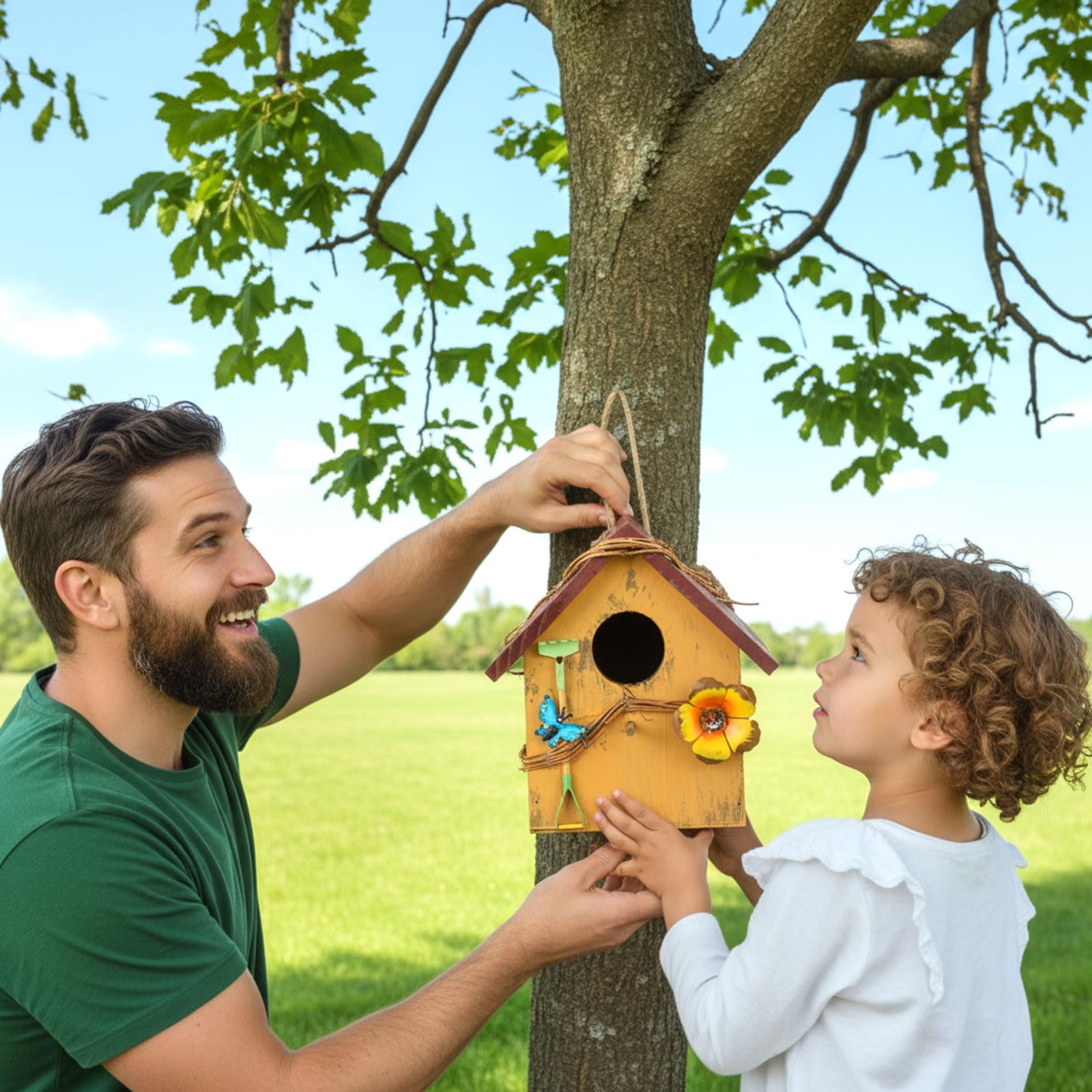 DoubleFill Dekoratives Vogelhaus für den Hof zum Aufhängen, Holz, handbemalt, Vogelhaus für Vogelliebhaber, Blauvogel, Baum, Schwalbe, Wildküken, Gartendekoration (Blau, Gelb, Holzdach), 2 Stück