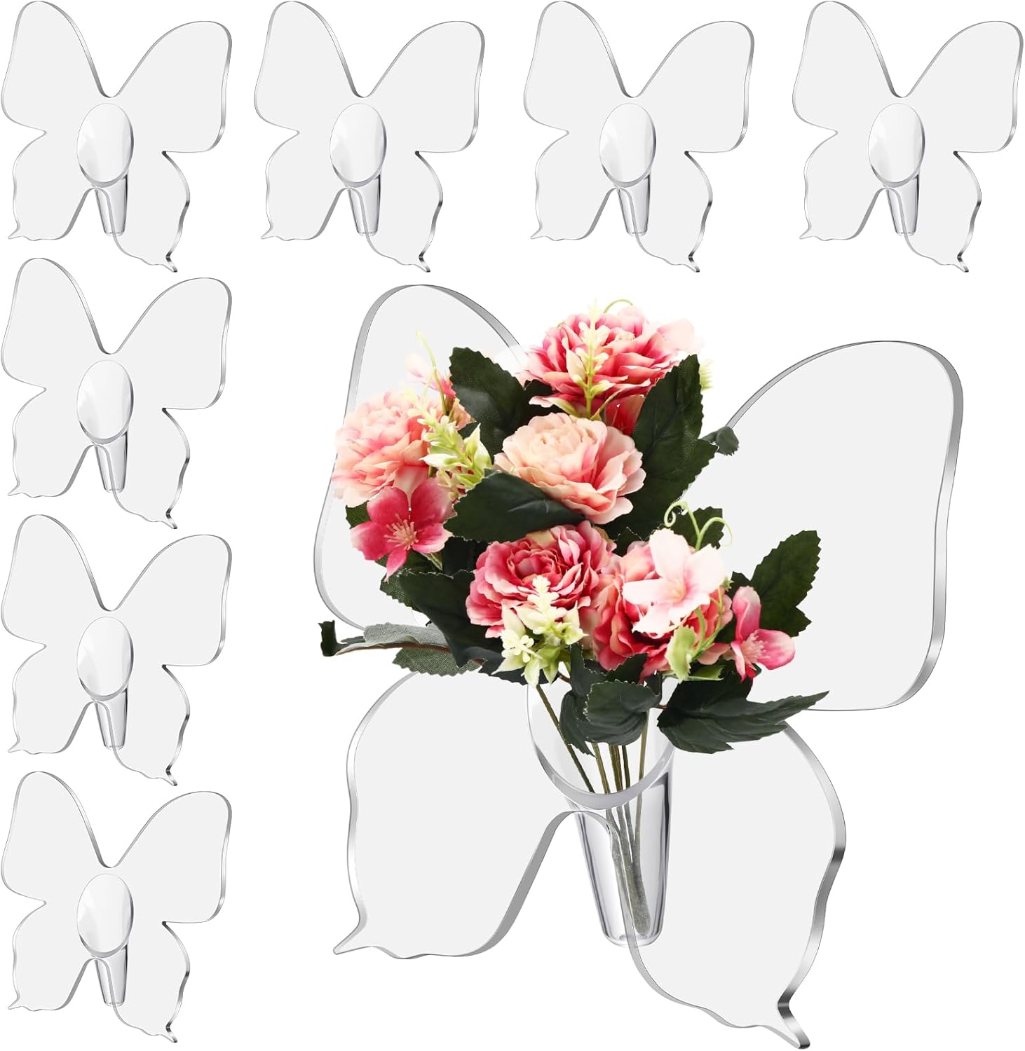 8 Pack Clear Acrylic Butterfly Frame Vase 8.6 x 8.6 Inch Acrylic Unique Decorative Flower Vase for Centerpieces Christmas Bookshelf Desktop Bedroom Office Wedding Decorate Warming Gift