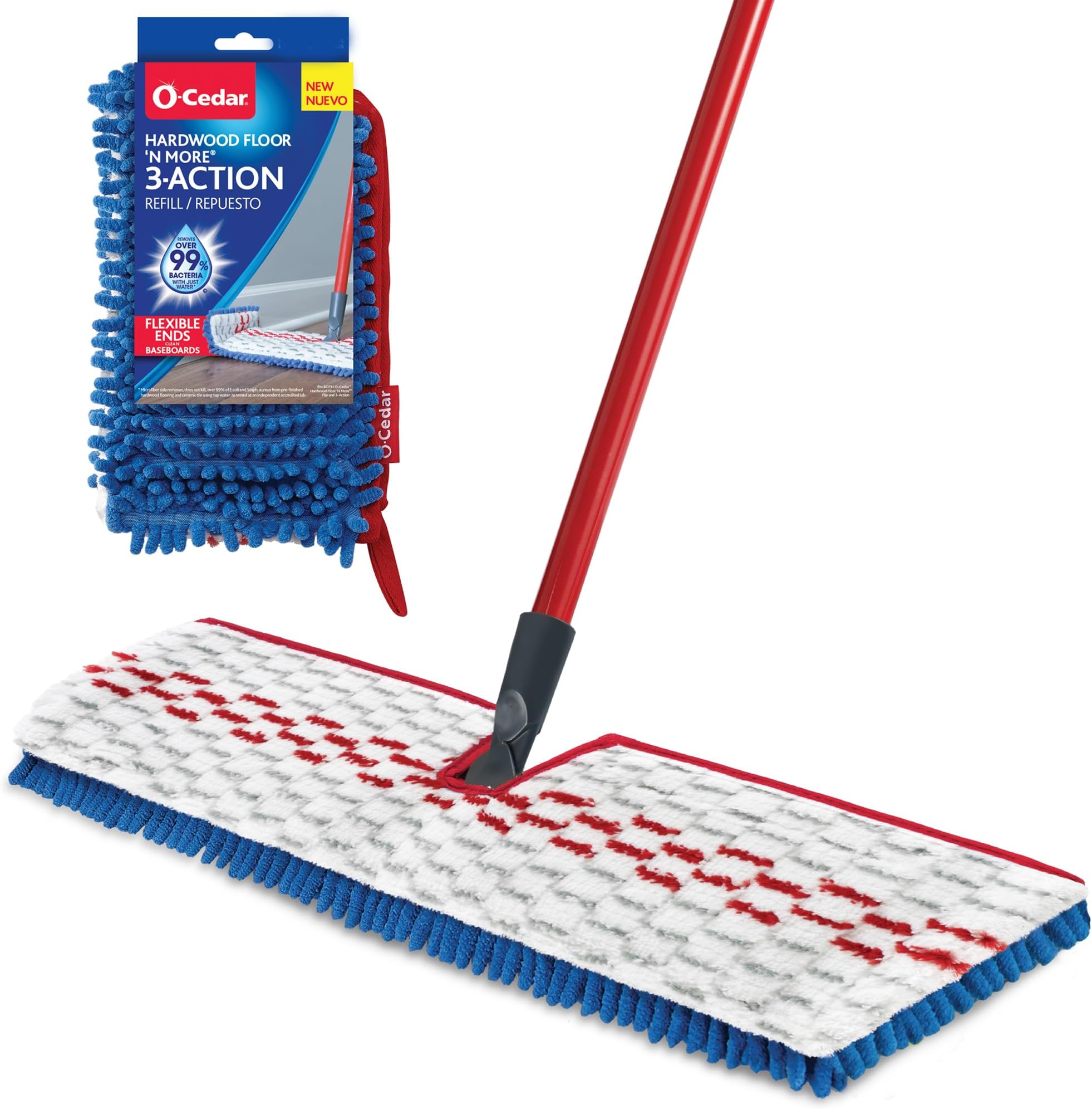 Hardwood Floor 'N More 3-Action Mop with 1 Extra Refill | Microfiber Mop with 3pc Handle | Use Wet or Dry, Red