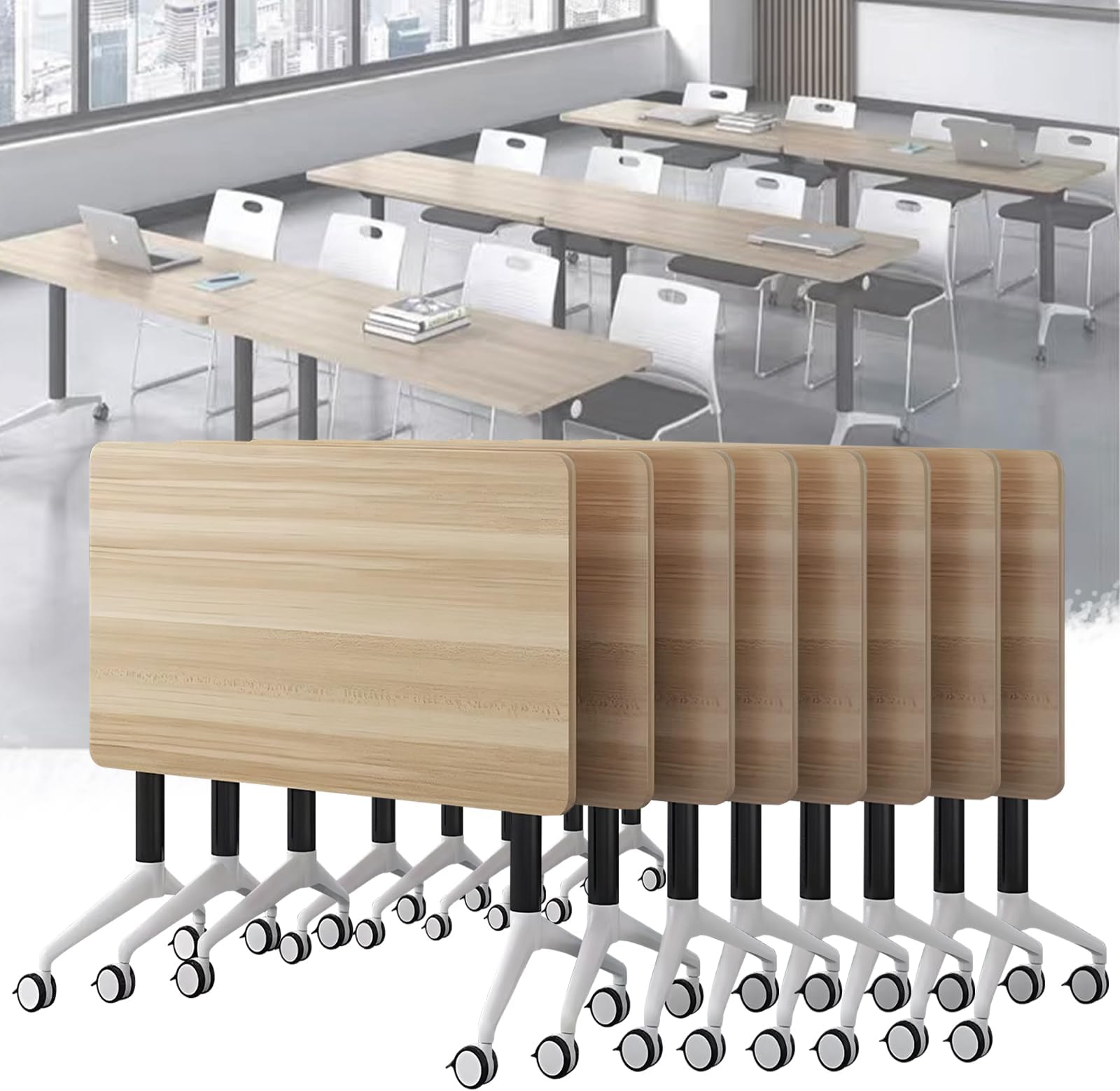 Folding Training Conference Table with Wheels for Home Office Boardroom Seminar Table for Meetings and Classes Portable Flip Top Meeting Table (Pack of 8)