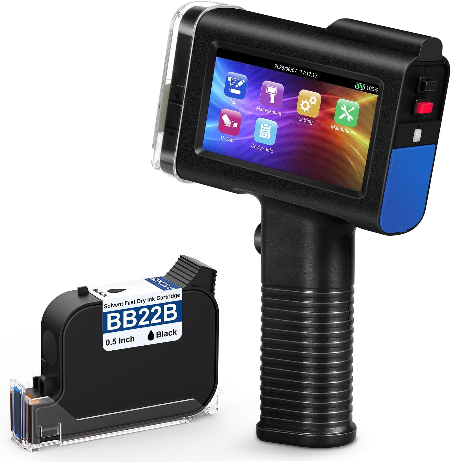 BENTSAI BT-HH6105B2 Handheld Inkjet Printer with 1/2 Inch Print Height Portable Handheld Printer for EXP Date, Batch Number, QR Code, Barcode, Logo on Carton Wood Fabric Plastic Metal (Black)