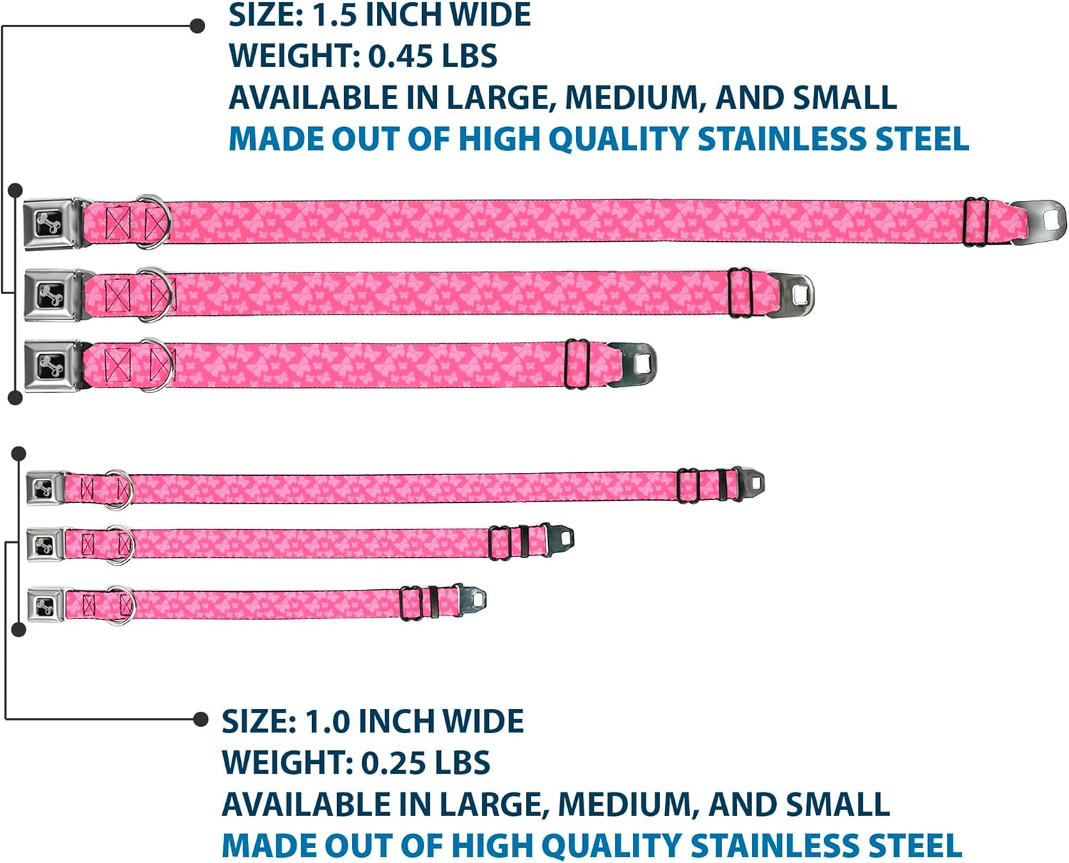 Dog Collar Seatbelt Buckle Butterflies Pink 9 to 15 Inches 1.0 Inch Wide