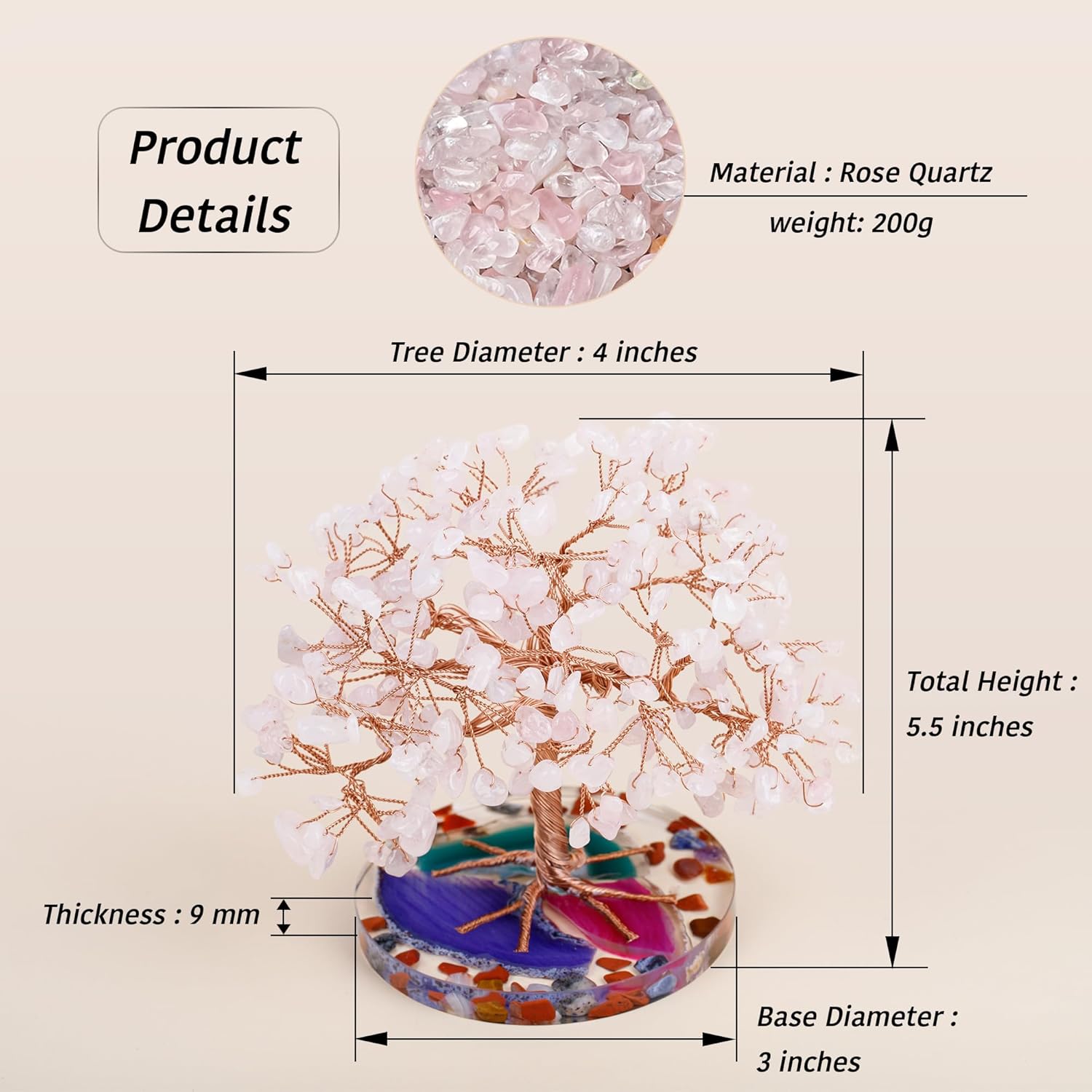 ZenBless 7 Chakra Healing Crystal Stones Tree, Rose Quartz Leaf Wire Wrapped on Natural Agate Slice Base, Home Office Desk Living Room Feng Shui Decoration for Wealth and Luck - Image 3