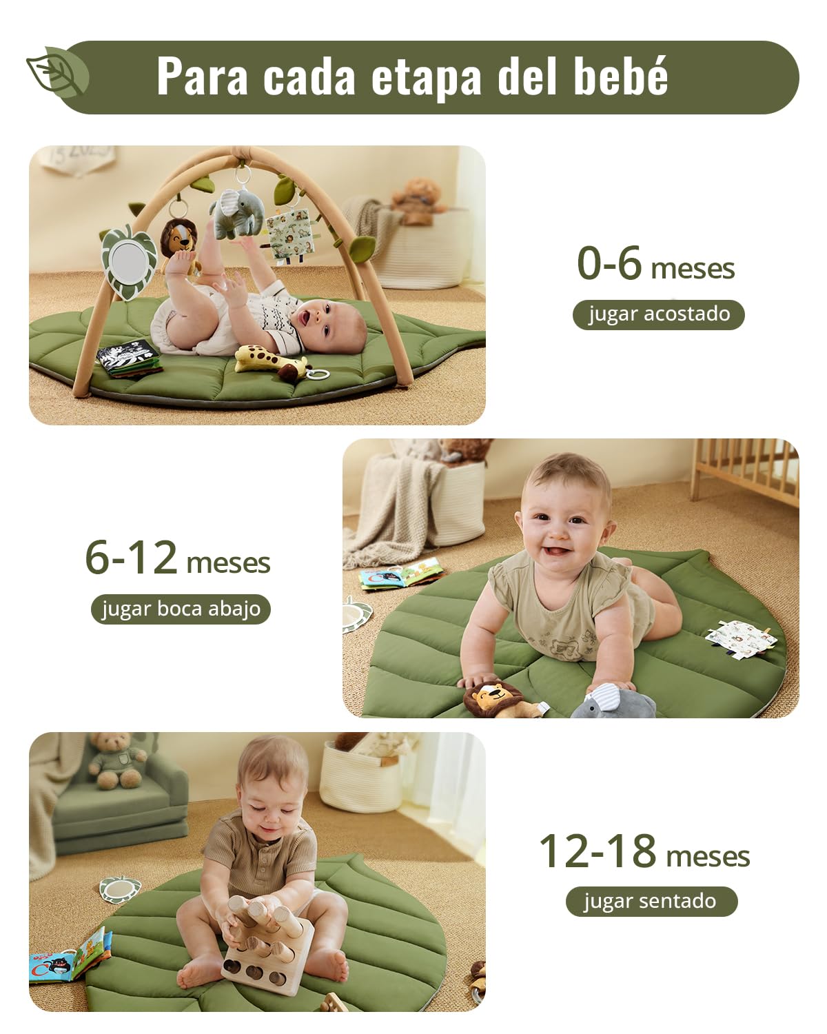 Blissful Diary Gimnasio Bebe, Manta Actividades Bebe De Forma De Hoja Con Arco Desmontable Y 6 Juguetes, Manta Juegos Bebe Para Desarrollo Sensorial Y Motor, Regalo Esencial Para Bebés, Verde