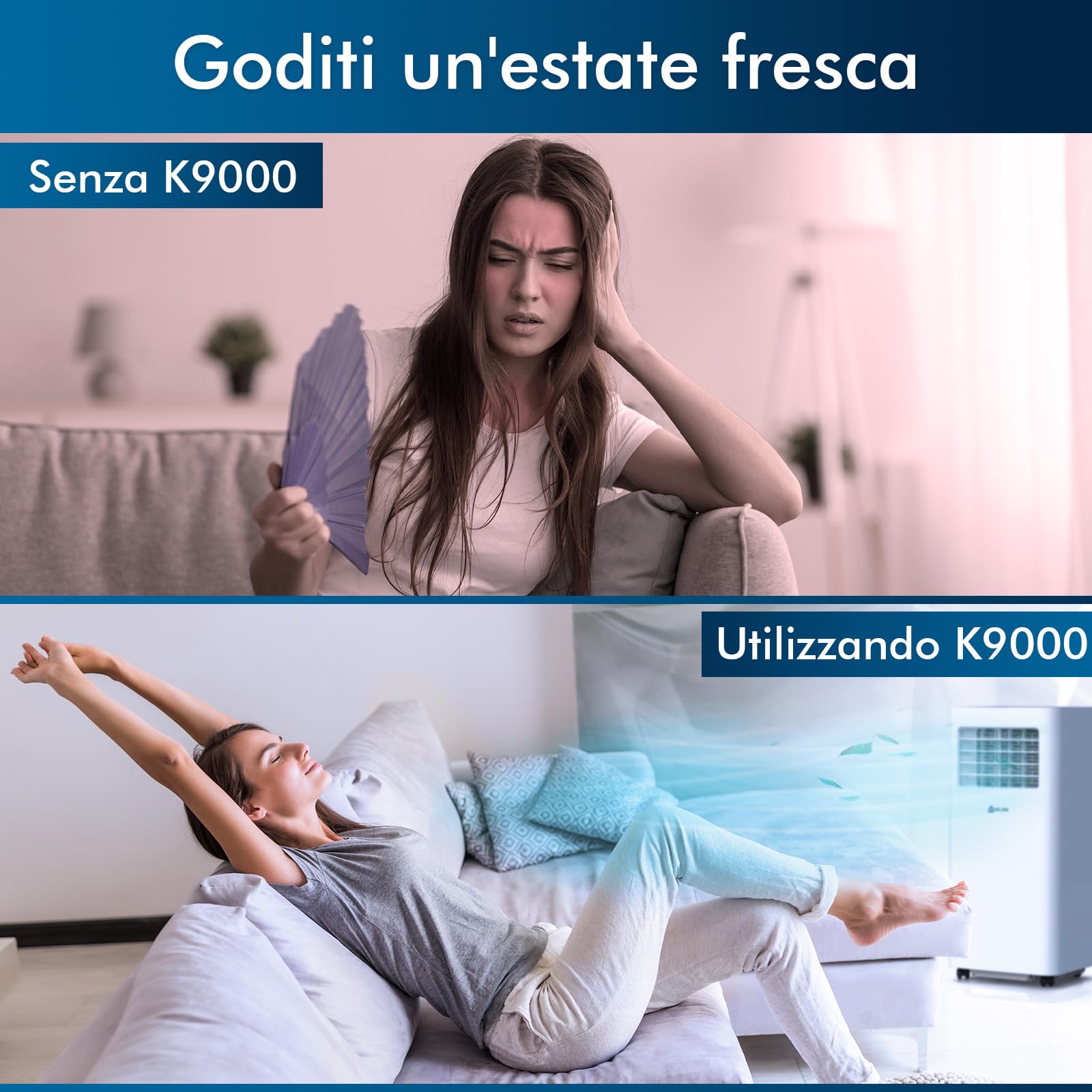 K9000 Condizionatore Deumidificatore Portatile con Tubo, 3-in-1, 9000 Btu | Ventilatore e Modalità Raffreddamento, Telecomando, Silenzioso e Potente, Risparmia Denaro e Preserva L Ambiente