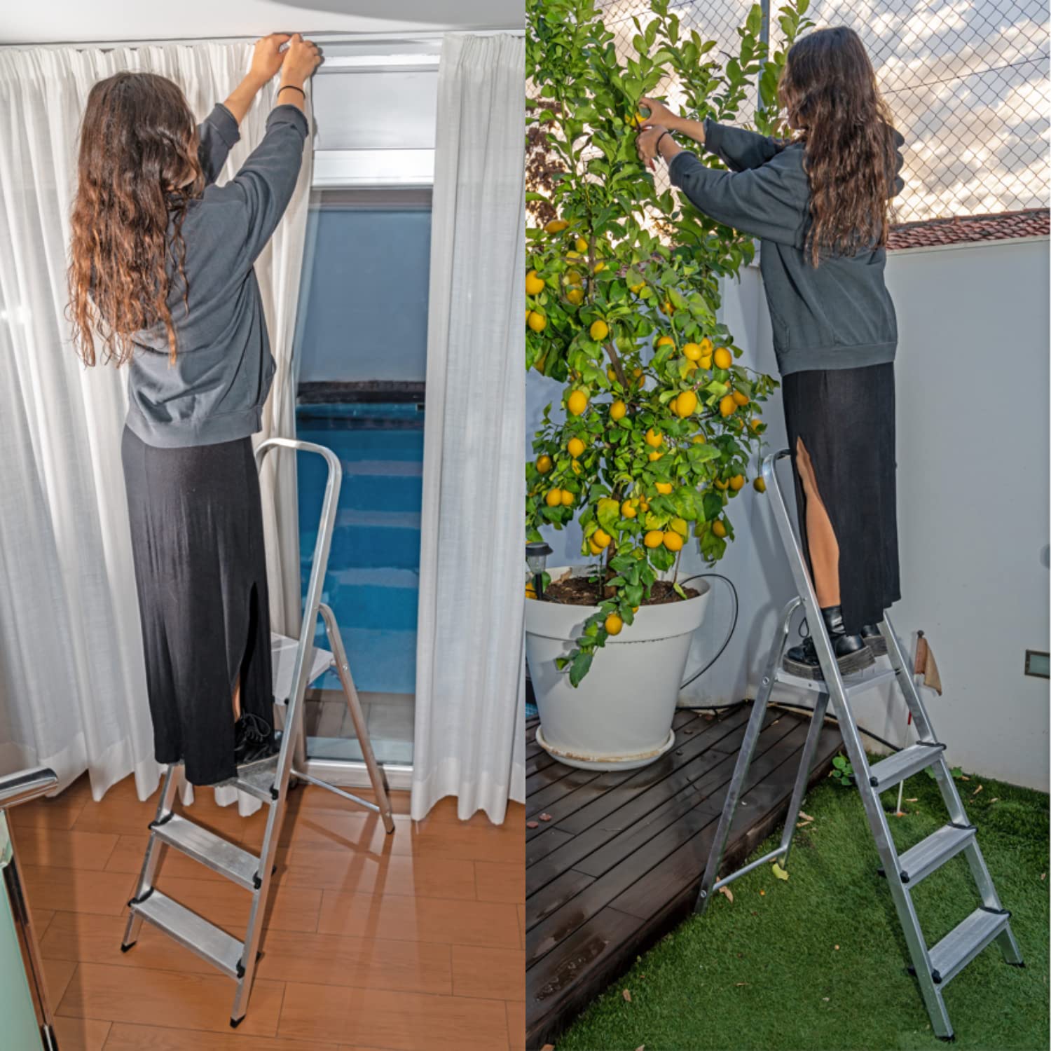 Keroppa, Escalera de Tijera Plegable, Marca Española. Escalera de Aluminio, 5 peldaños, con Gancho de Pared, Multiusos, Antideslizante, Ligera y Resistente, Escalera Doméstica, Fácil Transporte