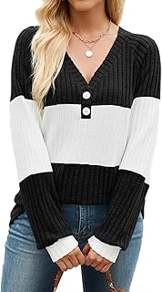 Akiooue Womens Long Sleeve Tops Casual V Neck Jumpers Ladies Solid Lightwight Knit Tunic with Button