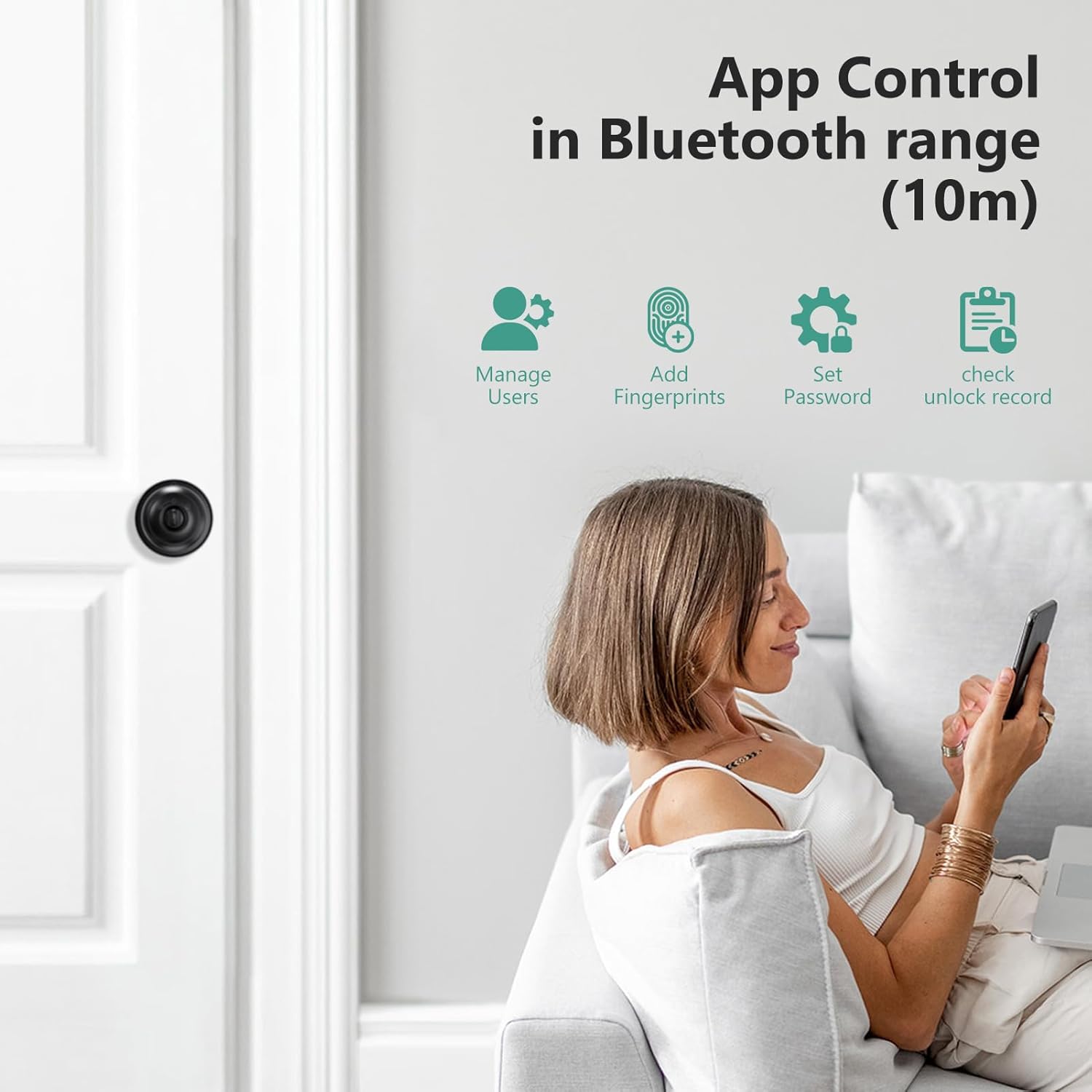 A person using the GeekTale app on a smartphone to control the door lock within Bluetooth range, showing icons for user management, fingerprint addition, password setting, and access log.