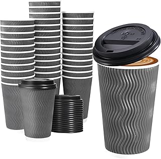 50 Pack - 16 oz Insulated Disposable Coffee Cups with Lids, To Go Paper Coffee Cups with Lids, Corrugated Ripple Wall Cup for Hot Drink Office Coffee Bar (Grey)