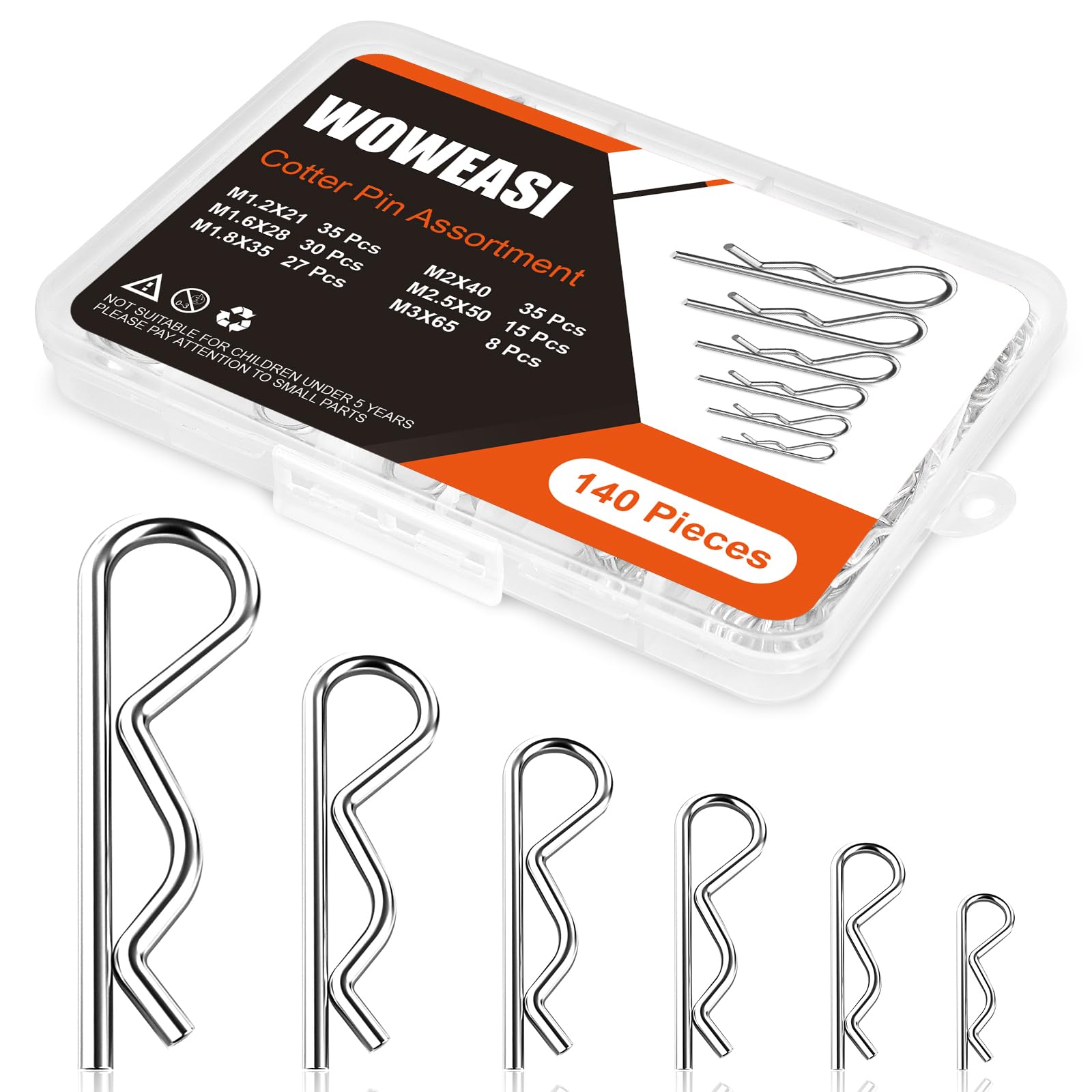 140pcs Cotter Pins, Woweasi Durable Cotter Pin Assortment Kit, Heavy Duty Carbon Steel R Clips Cotter Pins for Mechanics, Lawn Mowers, Rv Owners