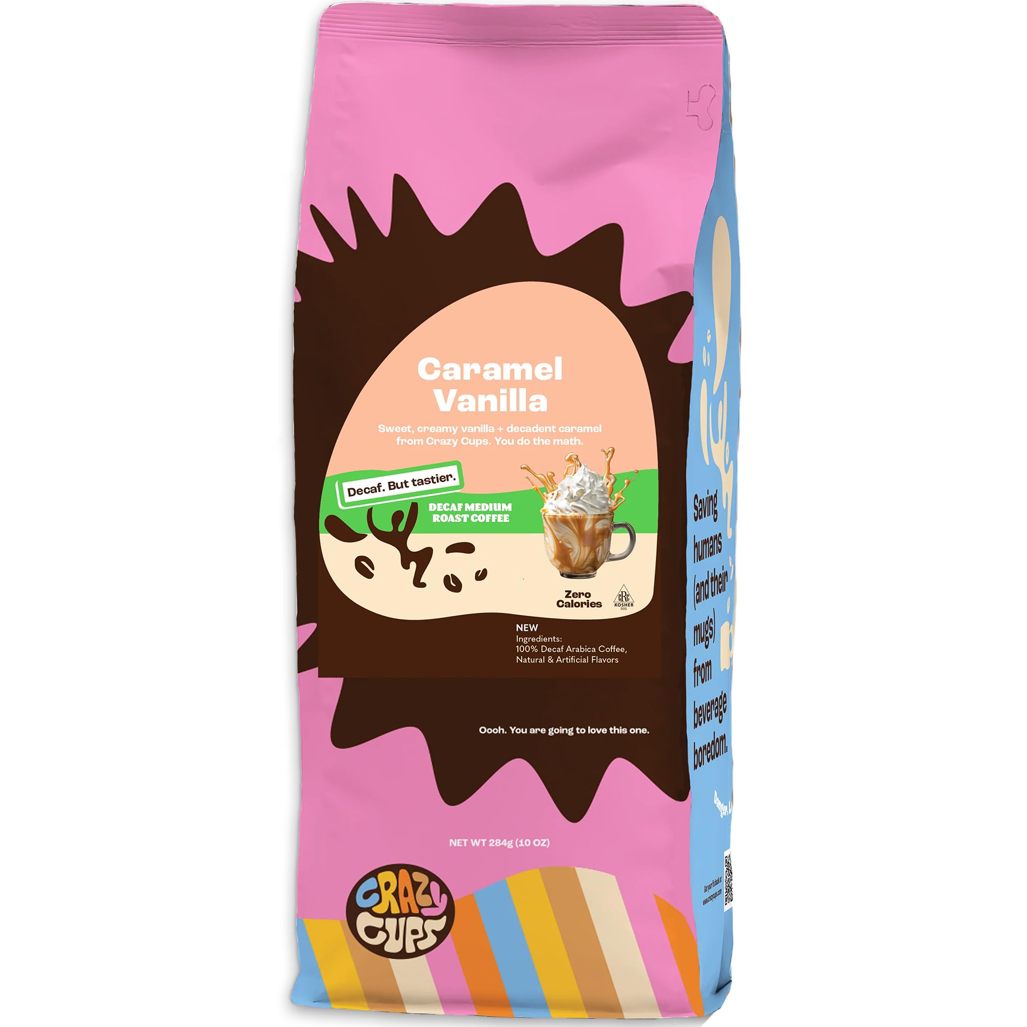 Crazy Cups Café moulu au goût décaféiné, caramel et vanille, en sachet de 284 ml, pour infuser du café chaud aromatisé ou décaféiné