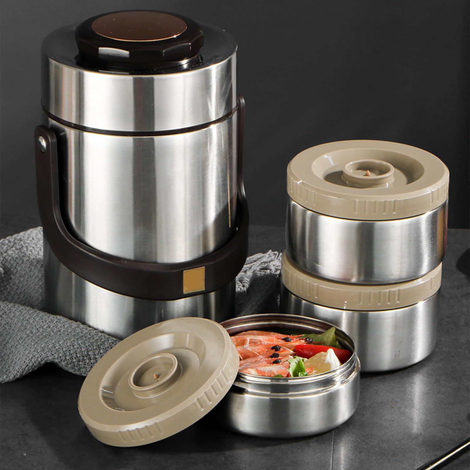 Bentos Box aus rostfreiem Stahl mit 3 Fächern, Thermo Lebensmittelbehälter, auslaufsicherer, isolierter Behälter für draußen, Büro, Reisen, stapelbarer Thermo Lebensmittelbehälter