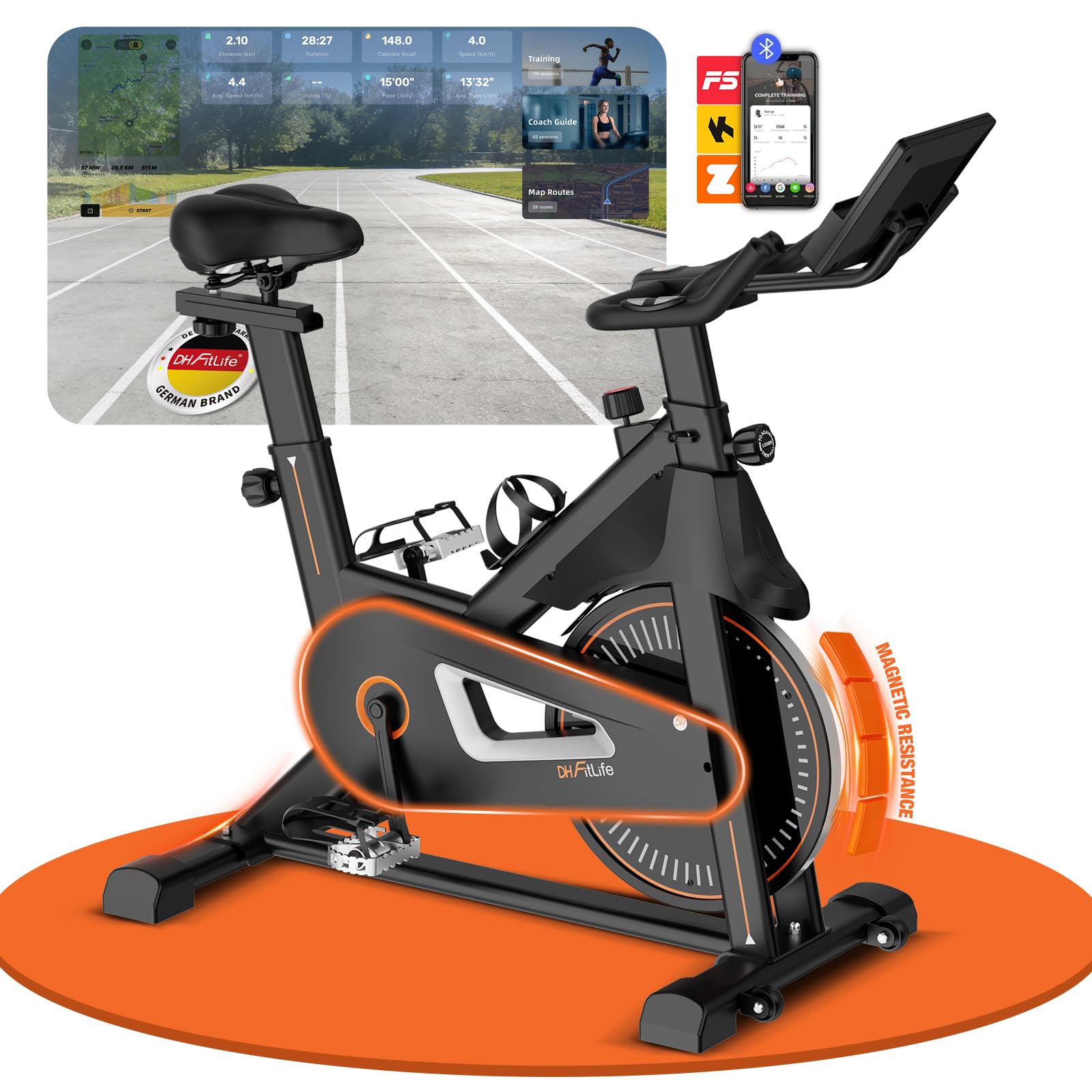 DH FitLife Heimtrainer Fahrrad Ergometer mit Pulssensor, App & LED-Display | Leiser Magnetwiderstand｜Notbremse｜Mehrgriff-Lenker｜150–195 cm｜Stahlrahmen｜Transportrollen｜Spinning Bike Indoor & Hometrainer