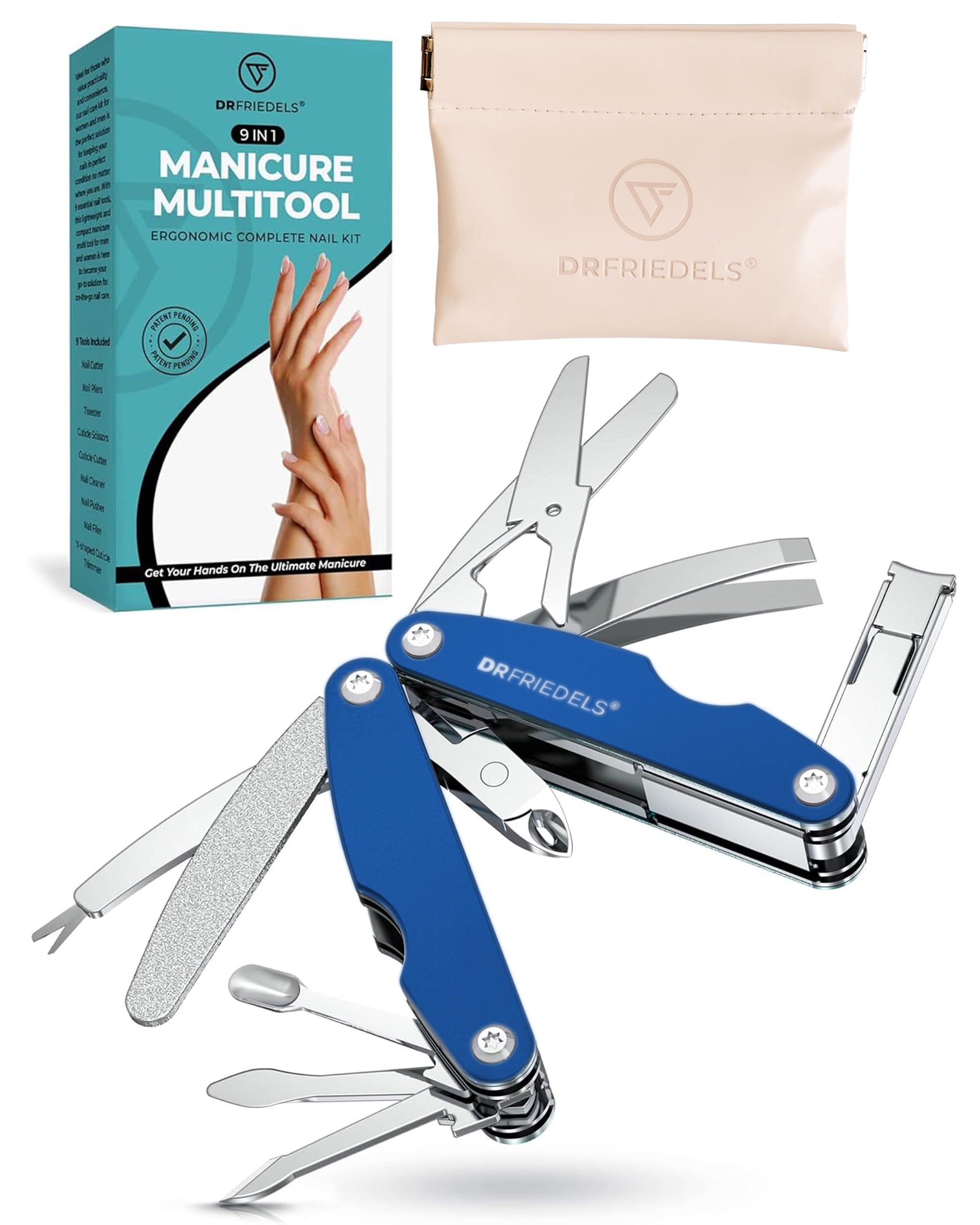 Juego compacto de manicura y pedicura, kit de uñas plegable 9 en 1, ideal para viajes, senderismo y multiherramienta EDC (azul paracaidista)
