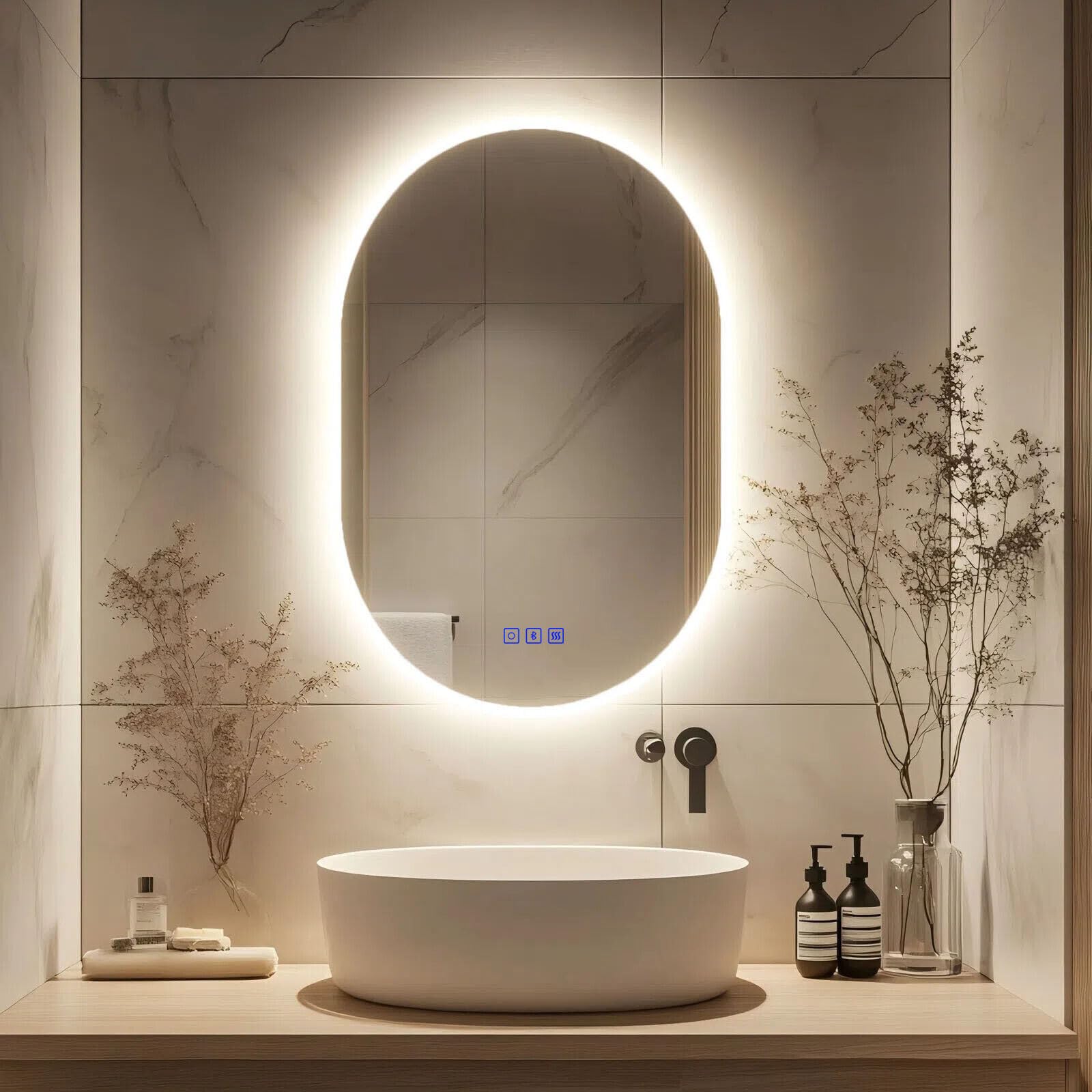 Kasloglow Oval Bluetooth LED Bathroom Mirror 600 x 900 mm 3 Colour Dimmable Lights Demister Touch Switch Illuminated Wall Mounted Vanity Mirror (23.62x35.43 Inch)