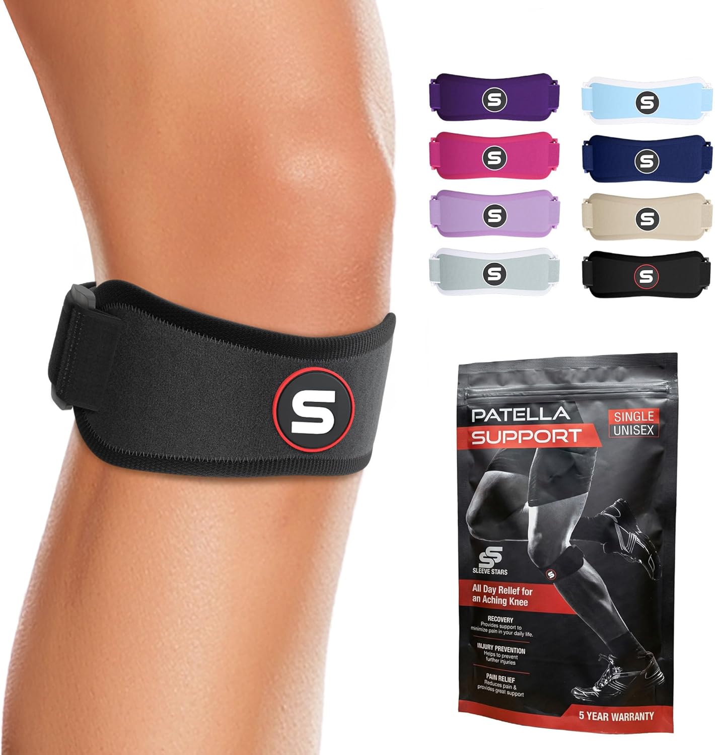 SS SLEEVE STARS Patellar Tendon Support Strap Swedish Brand for Women & Men Effective Osgood Schlatter Knee Brace Youth & Kids with 3 Adjustable Length fits 12"-24" (Pair/Black/Adult)