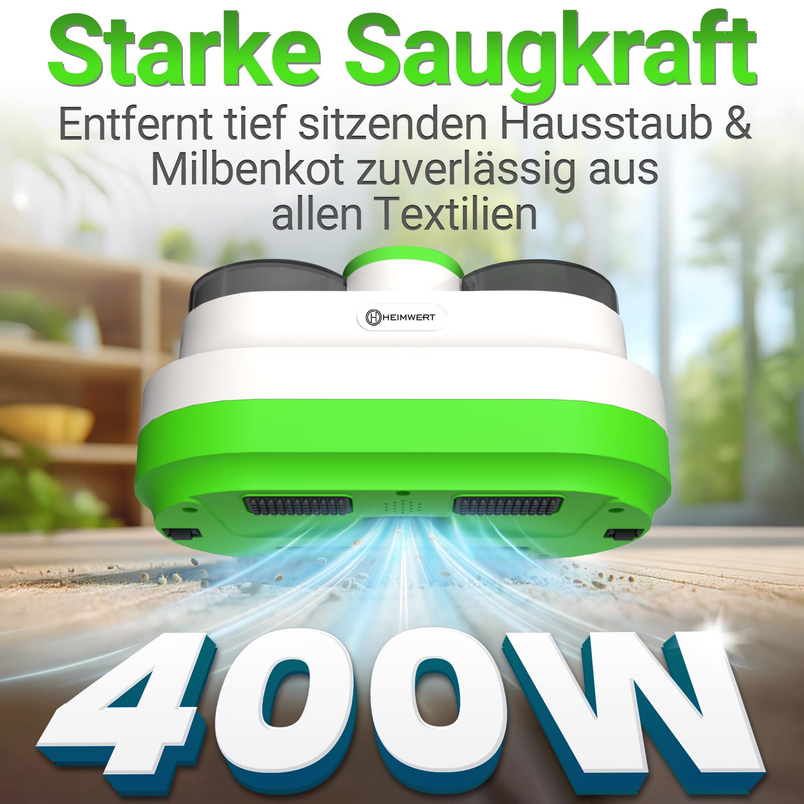 Heimwert – Milbensauger für Matratzen & Polster 99,9% | UV-C Licht & Tiefenvibration | 400W fasertiefe Reinigung mit HEPA-Filter | Matratzenreiniger gegen Milben, Bettwanzen & Allergene (Gerät)
