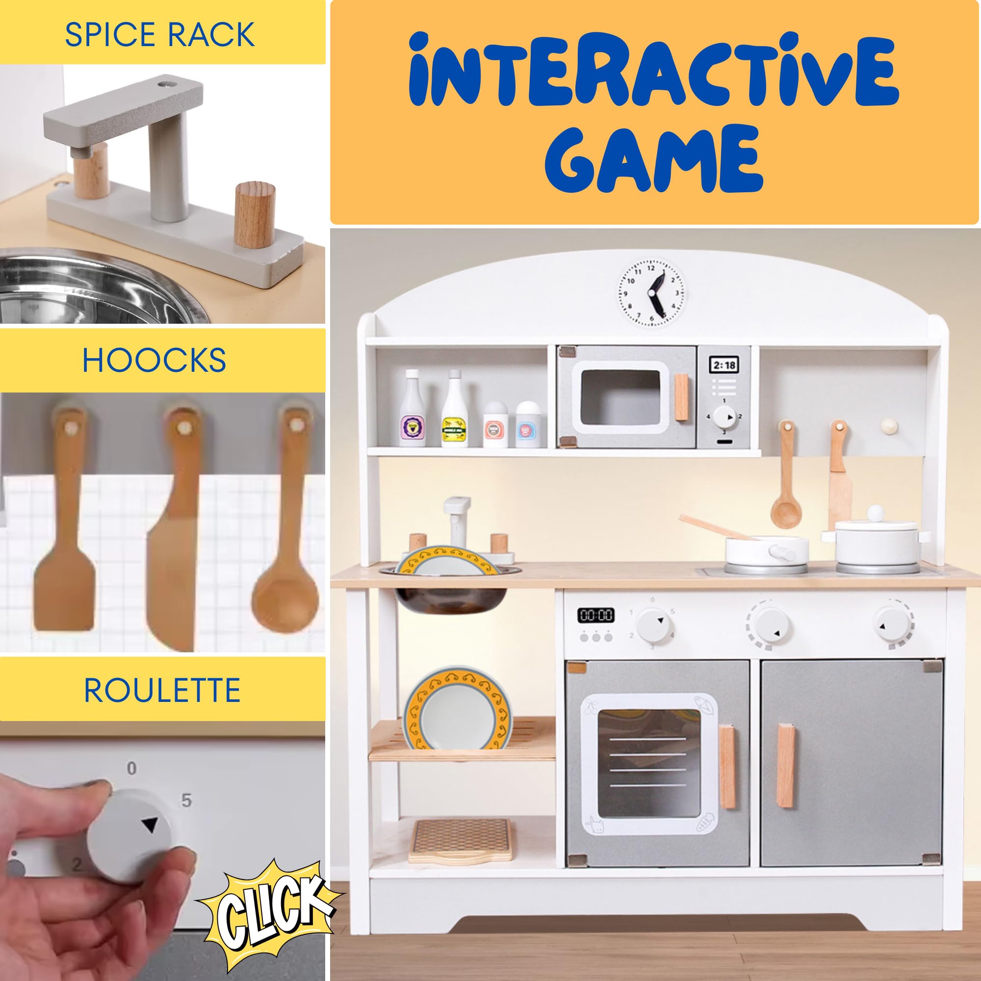 Cucina giocattolo in legno. Cucina giocattolo per bambini +3 anni, con forno, lavello, microonde, piano cottura e 12 accessori, gioco educativo Montessori (72x68x26 cm)