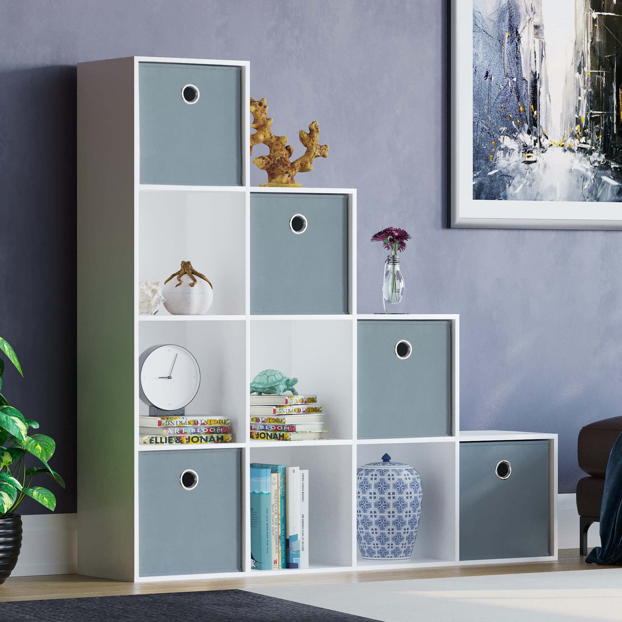 Vida Designs Durham Staircase Bookcase Shelves Storage Organiser Living Room Furniture (10 Cube & 5 Grey Baskets, White) โ image 1