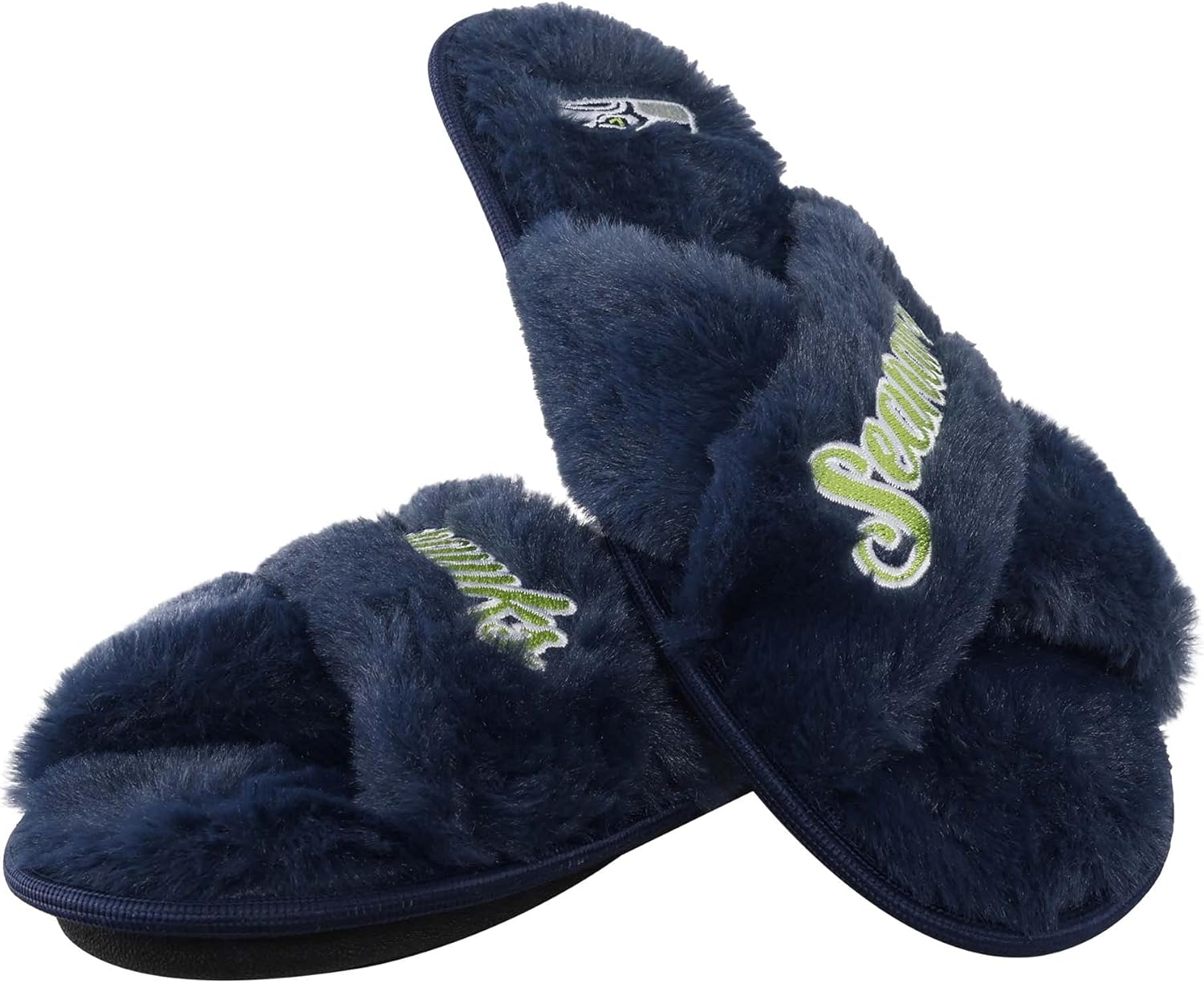 FOCO Womens NFL Team Script Wordmark Fuzzy Cross Slide Slippers - Image 3