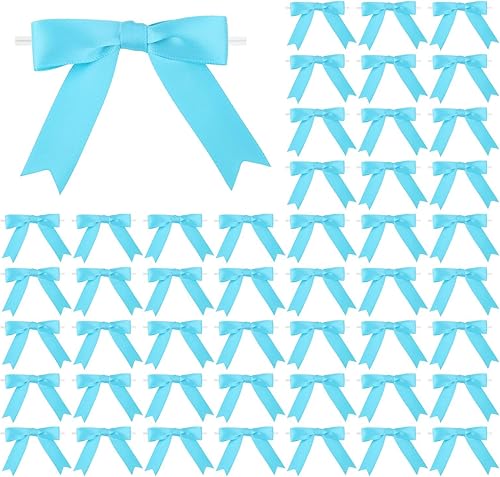 50 lazos de cinta de satén de 3 pulgadas, color azul turquesa, preatados, para bolsas de golosinas, cesta de envoltura de regalo, boda, baby shower,