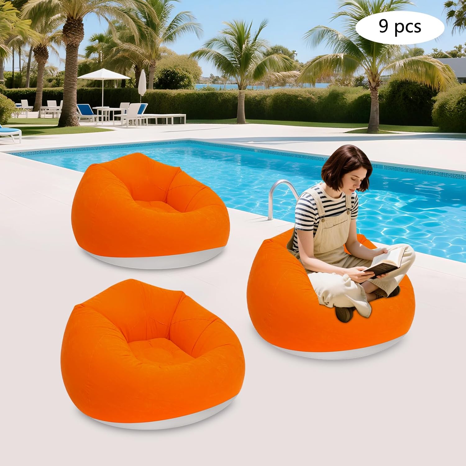 9 Pcs Inflatable Lazy Sofa Set with 2 Foot Pumps, Portable Blow Up Couch for Adults, Red Flocking PVC Bean Bag Chair for Camping, Outdoor Movie Night, Living Room & Travel(Orange)