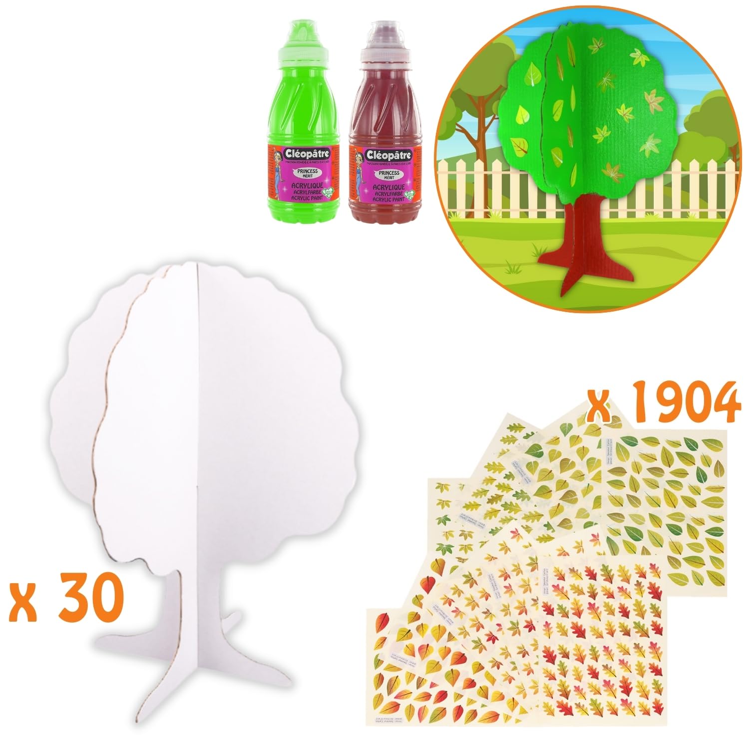 Cléopâtre - Kit de árbol de 4 estaciones - Lote de 30 árboles de cartón para decorar, 1904 gomets, 2 pinturas acrílicas - ocio creativo niño