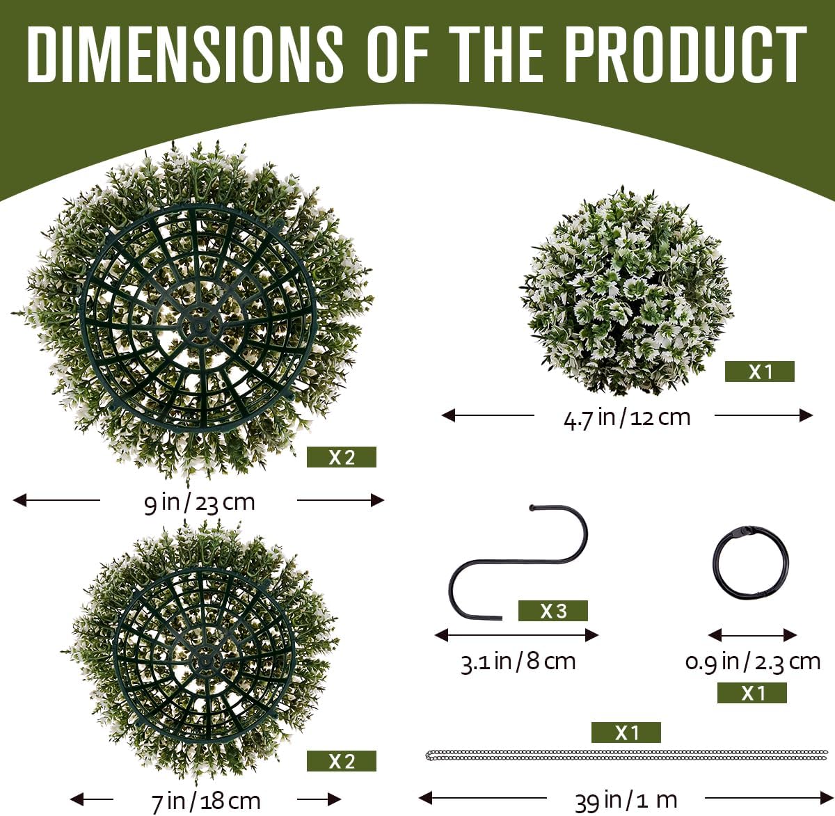 3 Pcs Artificial Boxwood Topiary Ball Set – Mixed Size, Hanging & Tabletop Removable White-Edged Faux Grass Balls, Lifelike Fake Plant Decor for Indoor Outdoor Garden Wedding Mantel Shelf