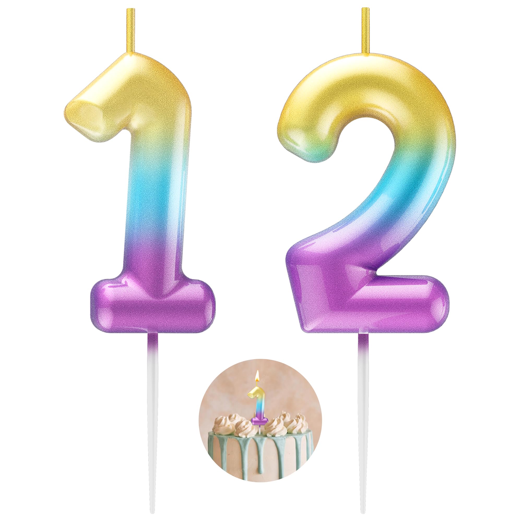 Rainbow Number 12 Candle Happy Birthday 3D Number Candles for Birthday Cake Party Decoration Wedding Anniversary Celebration Supplies
