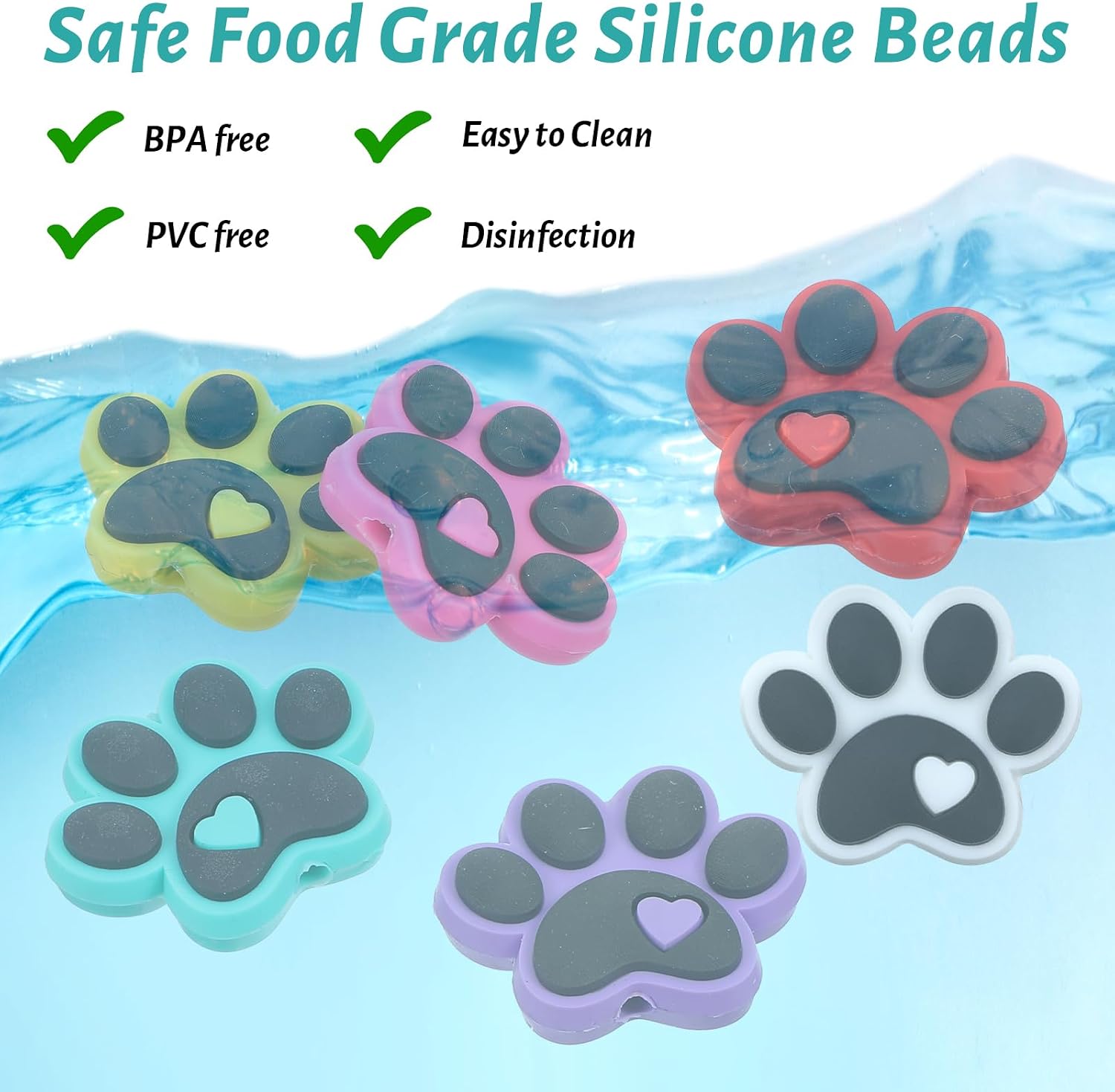 Mabor 12Pcs Dog Paw Print Beads for Beadable Pens, Beaded Pen Charms Keychain Making Supplies, Colored Puppy Paw Silicone Focal Beads with Heart for DIY Crafts image 4