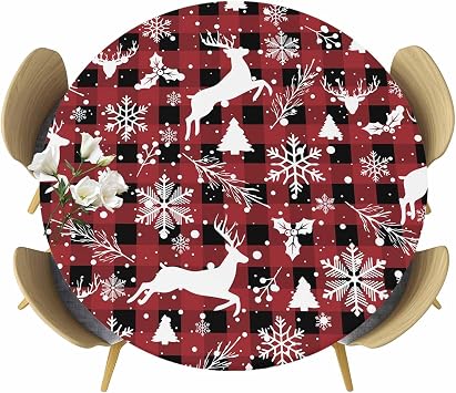 SEVENBABU Table Cover for 36-44 Inch Round Tables, Washable Elastic Fixd Edge Stretchable Wrinkle-Proof Table Cover, Christmas Elk Snowflake Red Lattice Background Durable Table Cover
