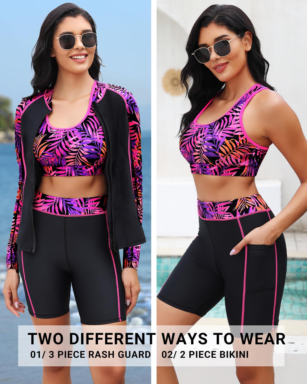 Daci Camiseta de natación de 3 piezas para mujer, camiseta de manga larga con cremallera, brasier deportivo, traje de baño modesto con pantalones cortos