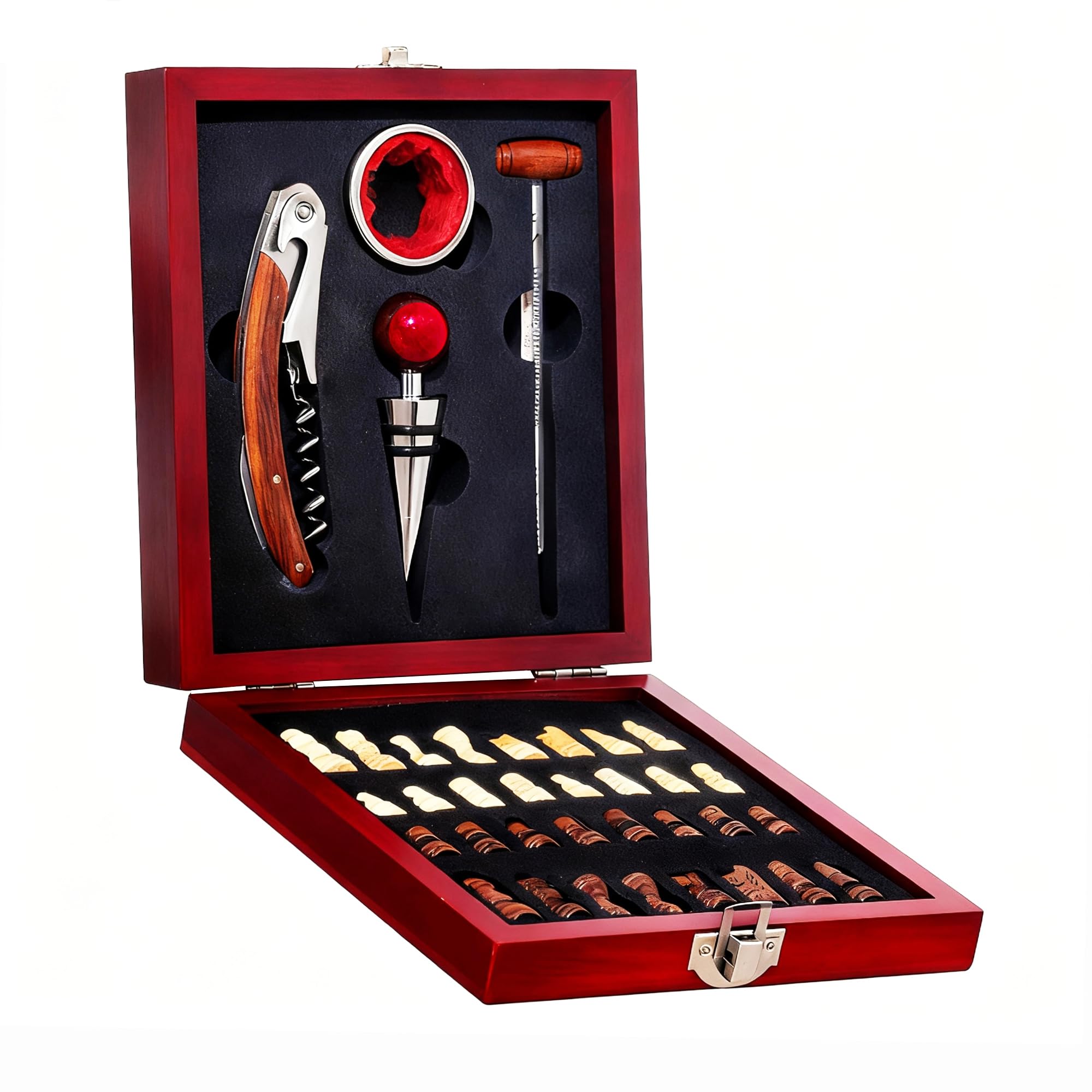 Profi Cockscrew Wine Opener with Wine Thermometer Bottle Stopper Drip Stop Ring and Chess Set Wooden Gift Box (Rot)