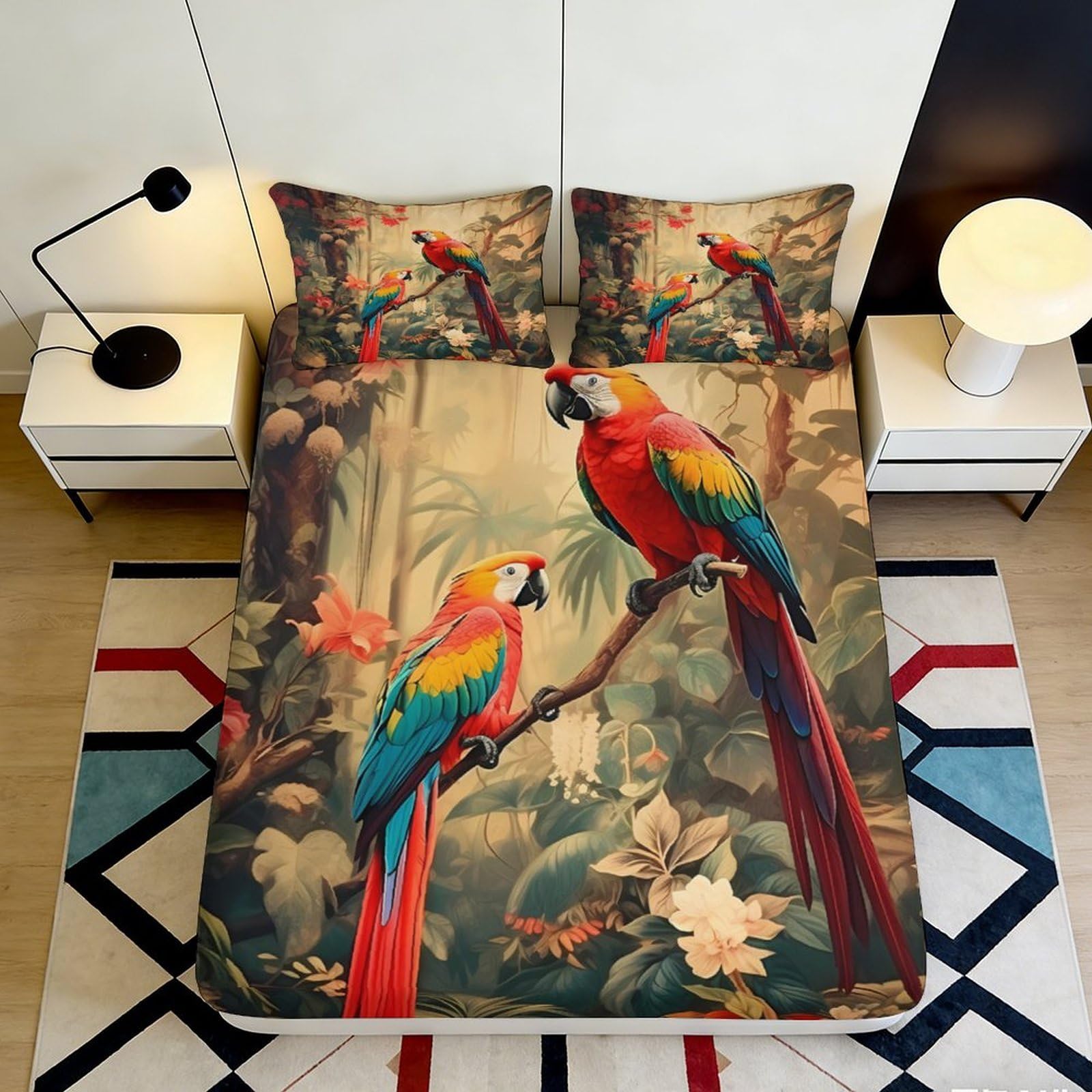 3D Printed Tropical Parrot Fitted Sheet Microfiber Soft Vibrant Rainforest Bed Cover for Bedroom Dorm Mattress Protection Decor 90x200x25cm