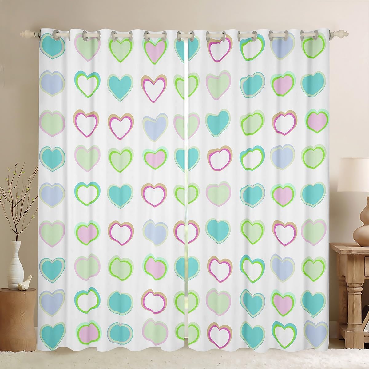 Love Hearts Window Curtain,Green Teal Heart Kawaii Curtain Set of 2 Panels,Cartoon Princess Style Romantic Window Drapes for Living Room Decor Adults Kids,42Wx90L Inches