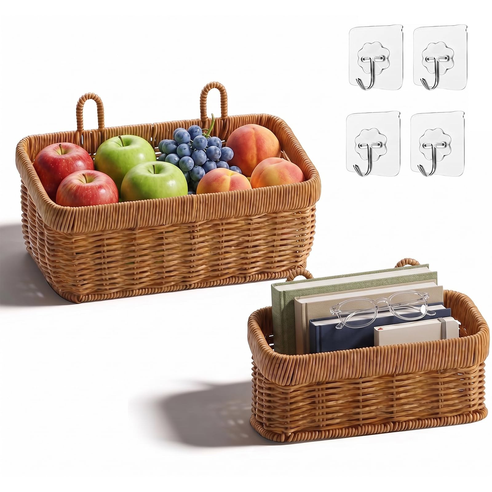 2PCS Woven Storage Basket, Hanging Storage Baskets with Hooks Handwoven Wicker Wall Basket Wall Mounted Organiser for Kitchen Bathroom Bedroom Decor