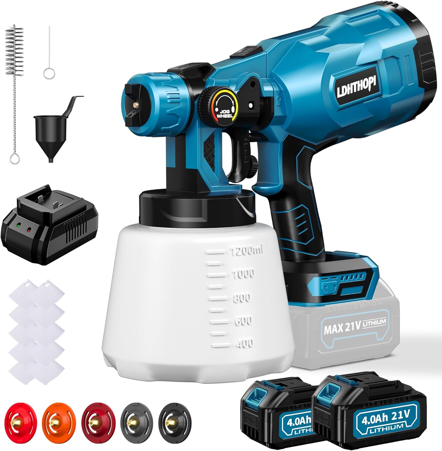 Cordless Paint Sprayer with 2x4000mAh Battery, 1000W High Power Electric HVLP Paint Sprayer Gun with 1200ml Large Container, 5 Copper Nozzles for Home and Furniture Painting