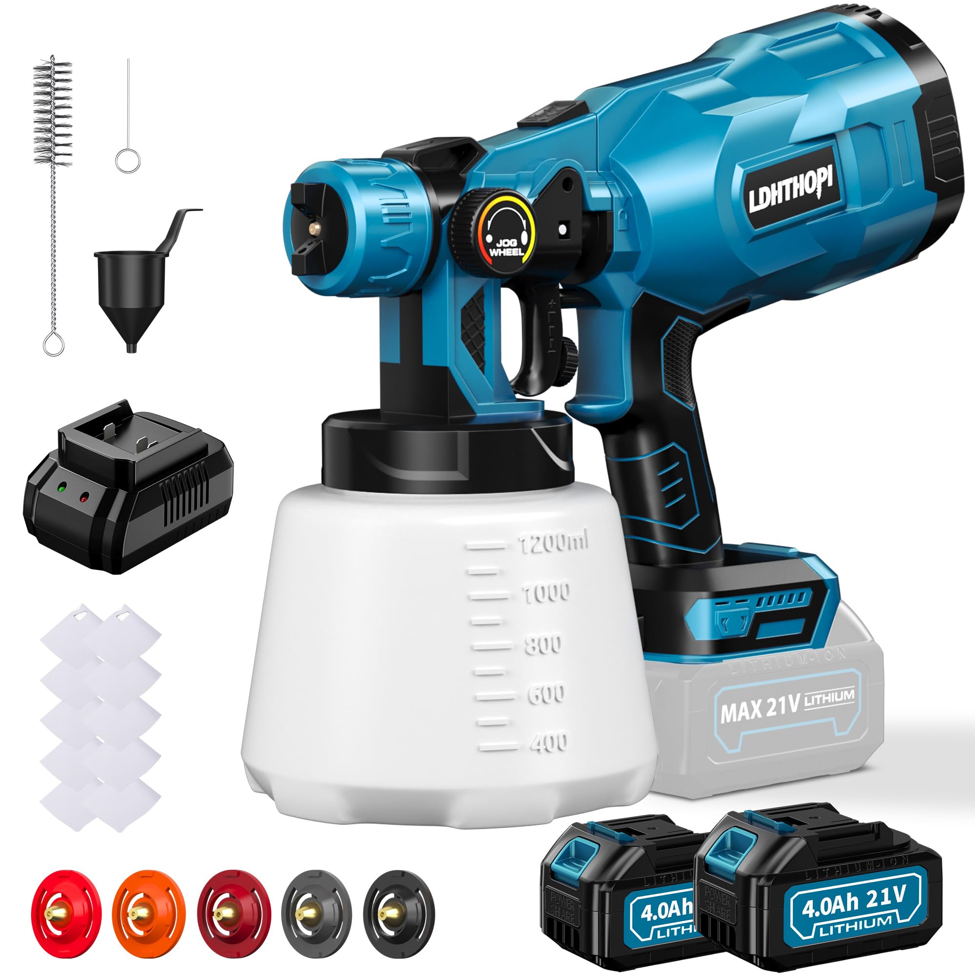 Cordless Paint Sprayer with 2x4000mAh Battery, 1000W High Power Electric HVLP Paint Sprayer Gun with 1200ml Large Container, 5 Copper Nozzles for House and Furniture Painting