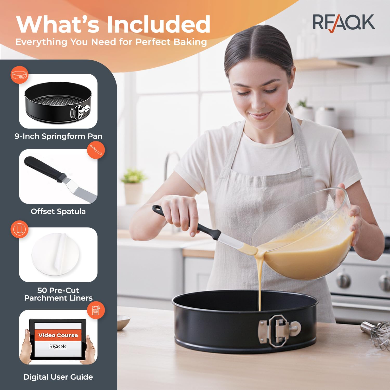 RFAQK Molde redondo redondo de 24 cm, para hornear, antiadherente, redondo, con 50 hojas de pergamino, espátula para tartas y libro electrónico (idioma español no garantizado)