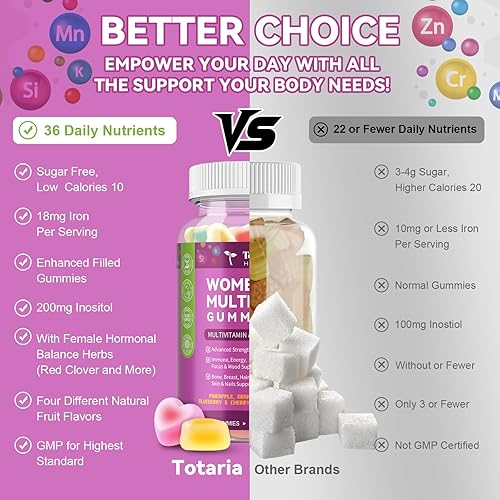 Miniatura 8 de Totaria Gomitas multivitamínicas sin azúcar para mujer con hierro, multivitamínico para mujer con vitaminas C, D3 K2, B12, B6, gomitas rellenas para